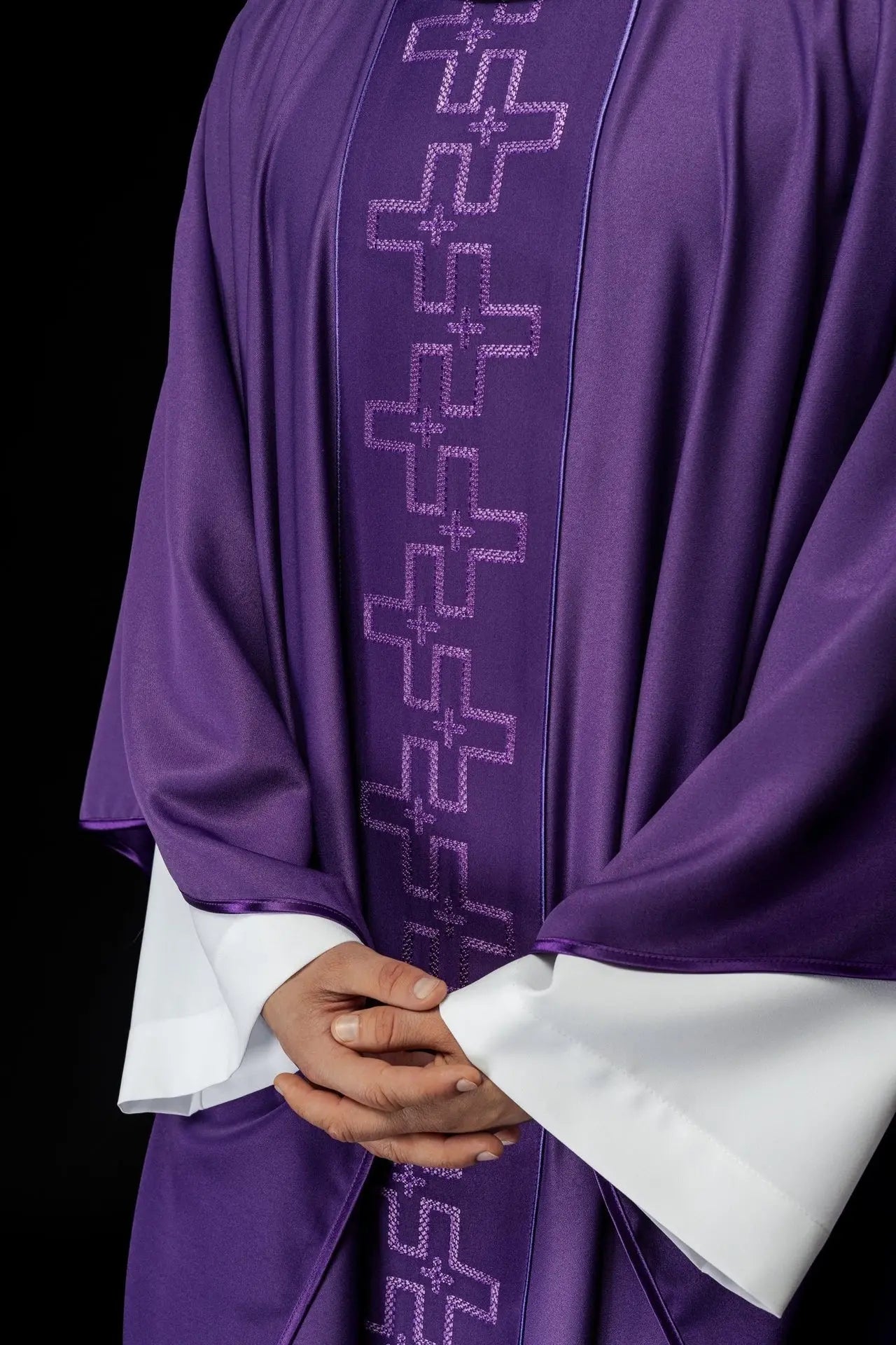 Chasuble with richly embroidered belt in cross embroidery in purple color