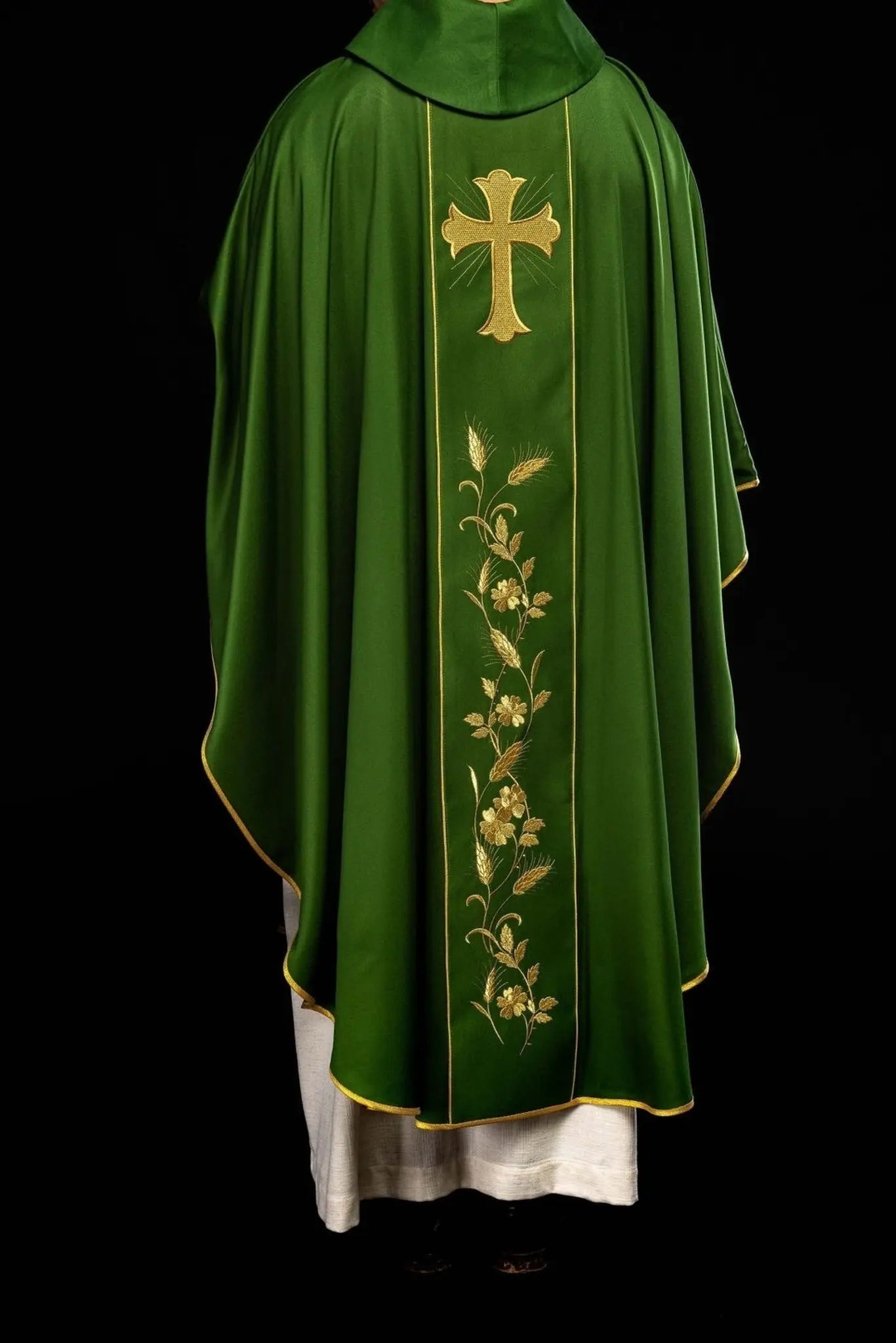 Green Chasuble with Embroidered Cross and Wheat Motif