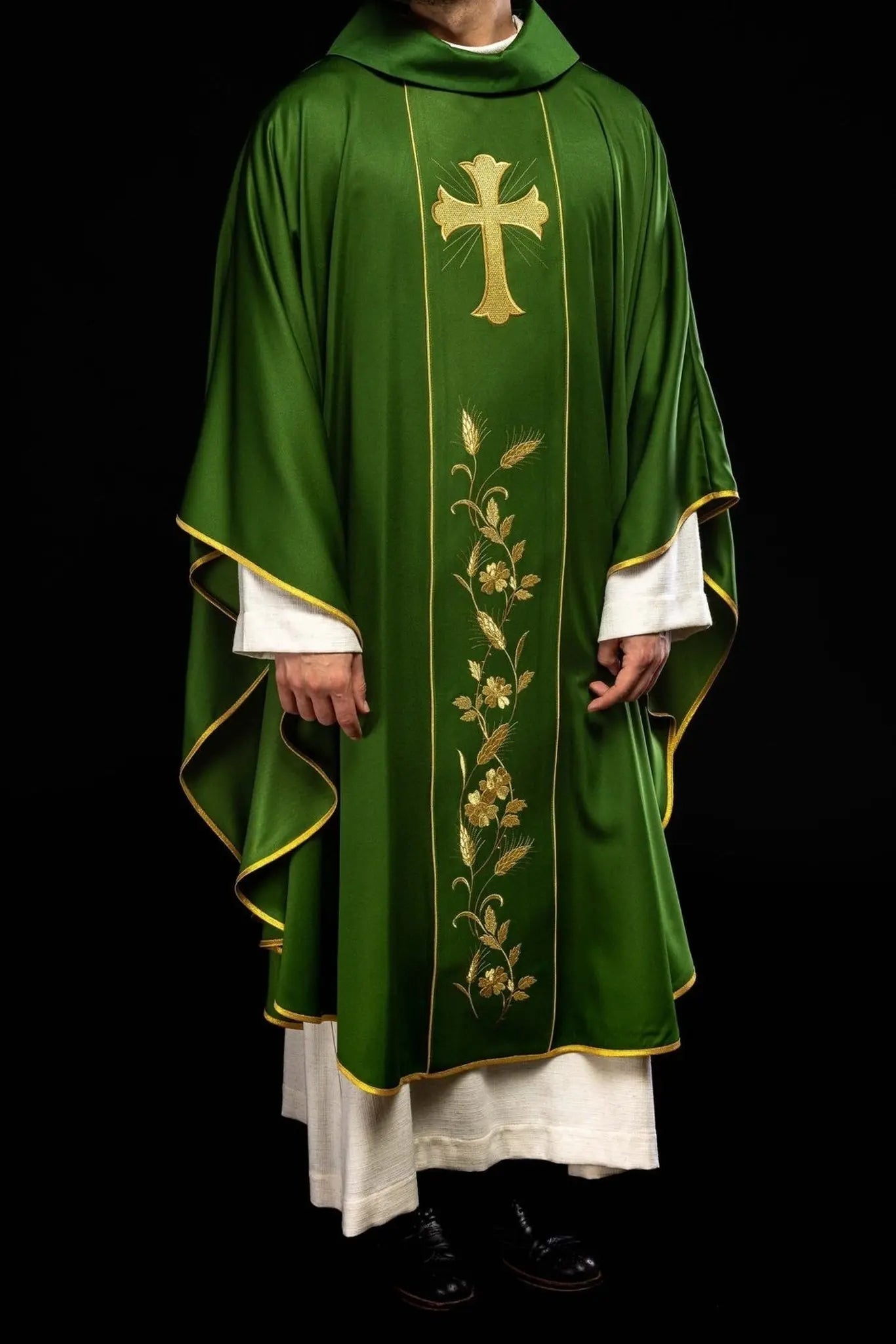 Green Chasuble with Embroidered Cross and Wheat Motif