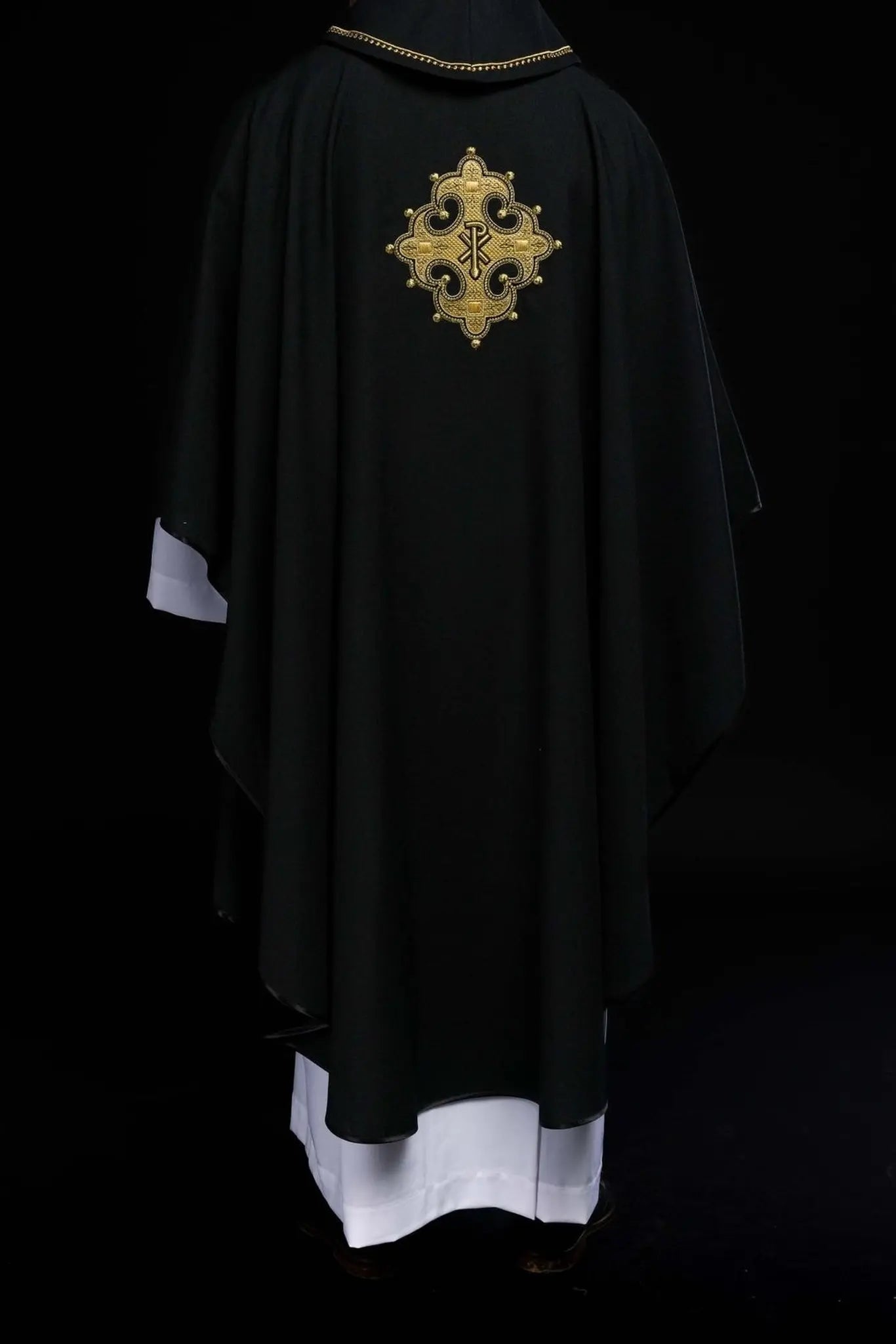 Chasuble with embroidered cross and gold trim on collar in black