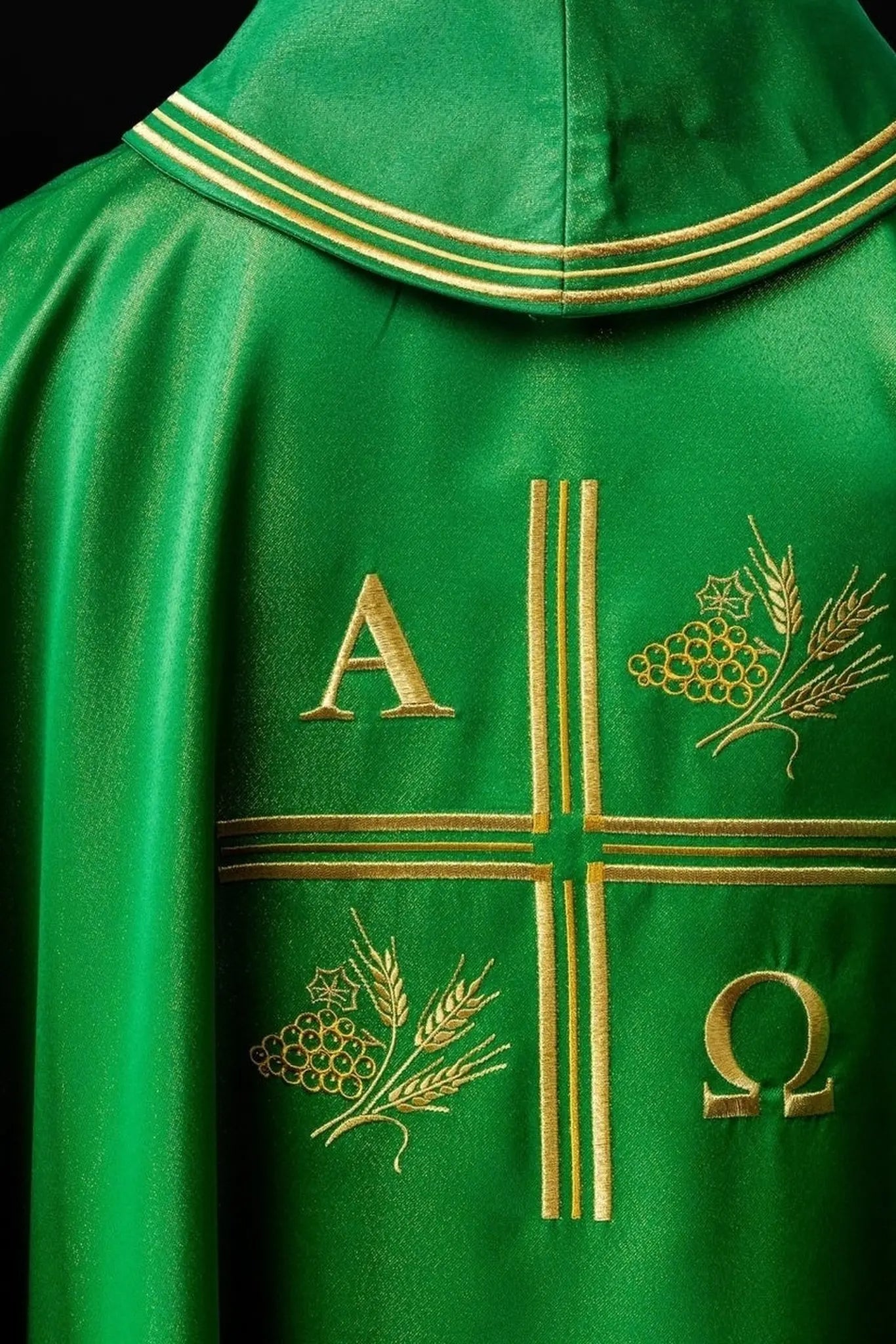 Ornat liturgiczny zielony z haftowanym krzyżem, motywami Alfa i Omega oraz kłosami