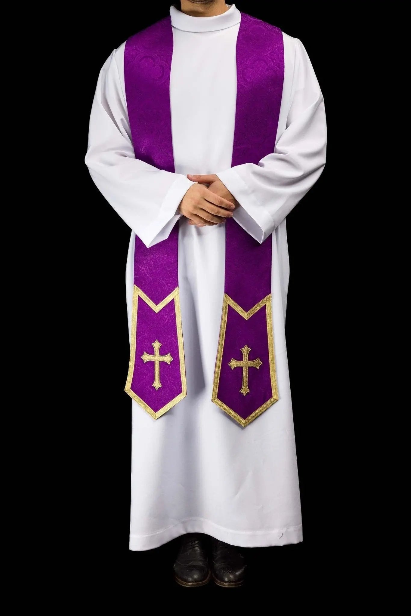 Purple Jacquard Stole with Embroidered Cross - HAFTINA ATELIER