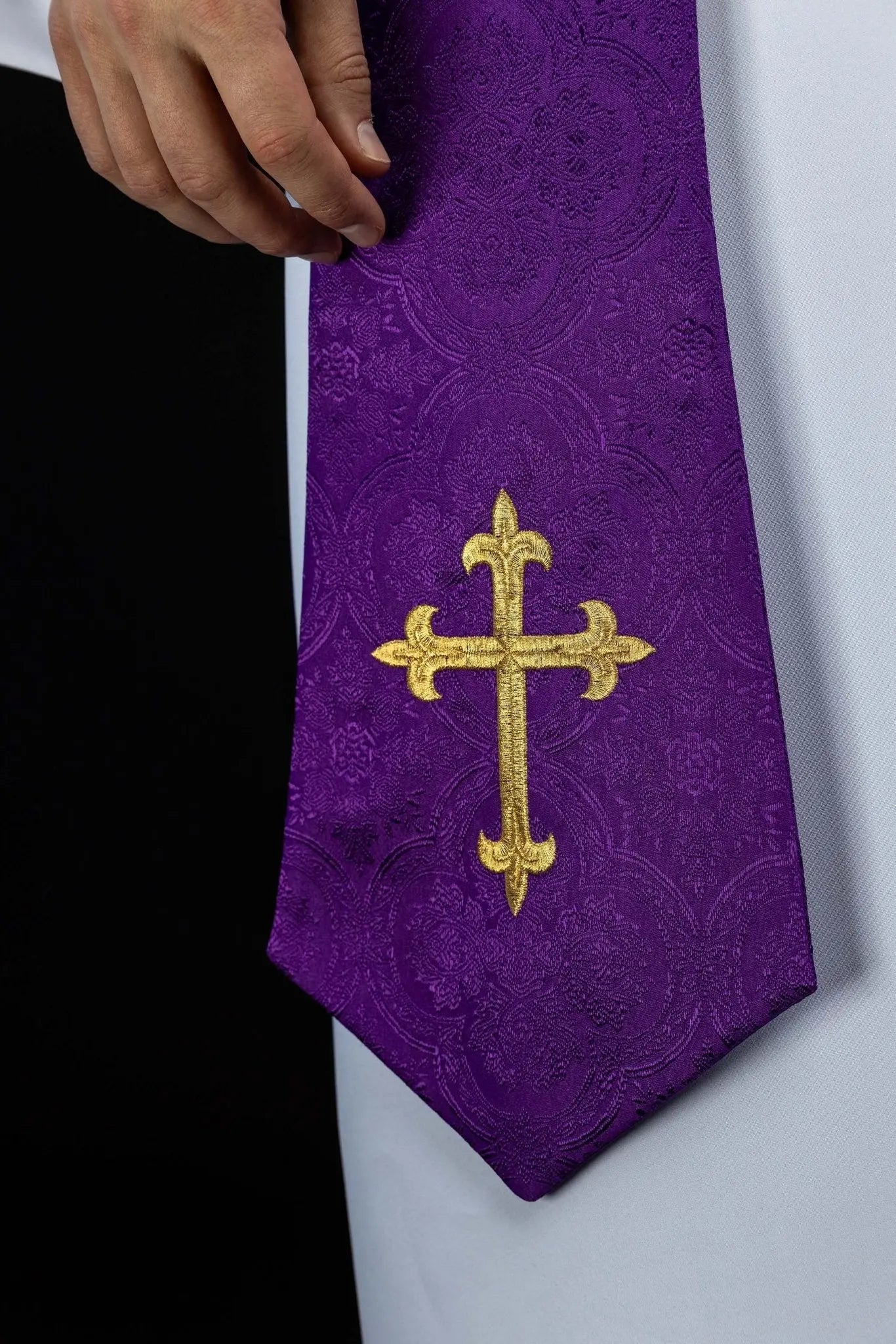 Purple Jacquard Stole with Embroidered Cross Motif - HAFTINA ATELIER