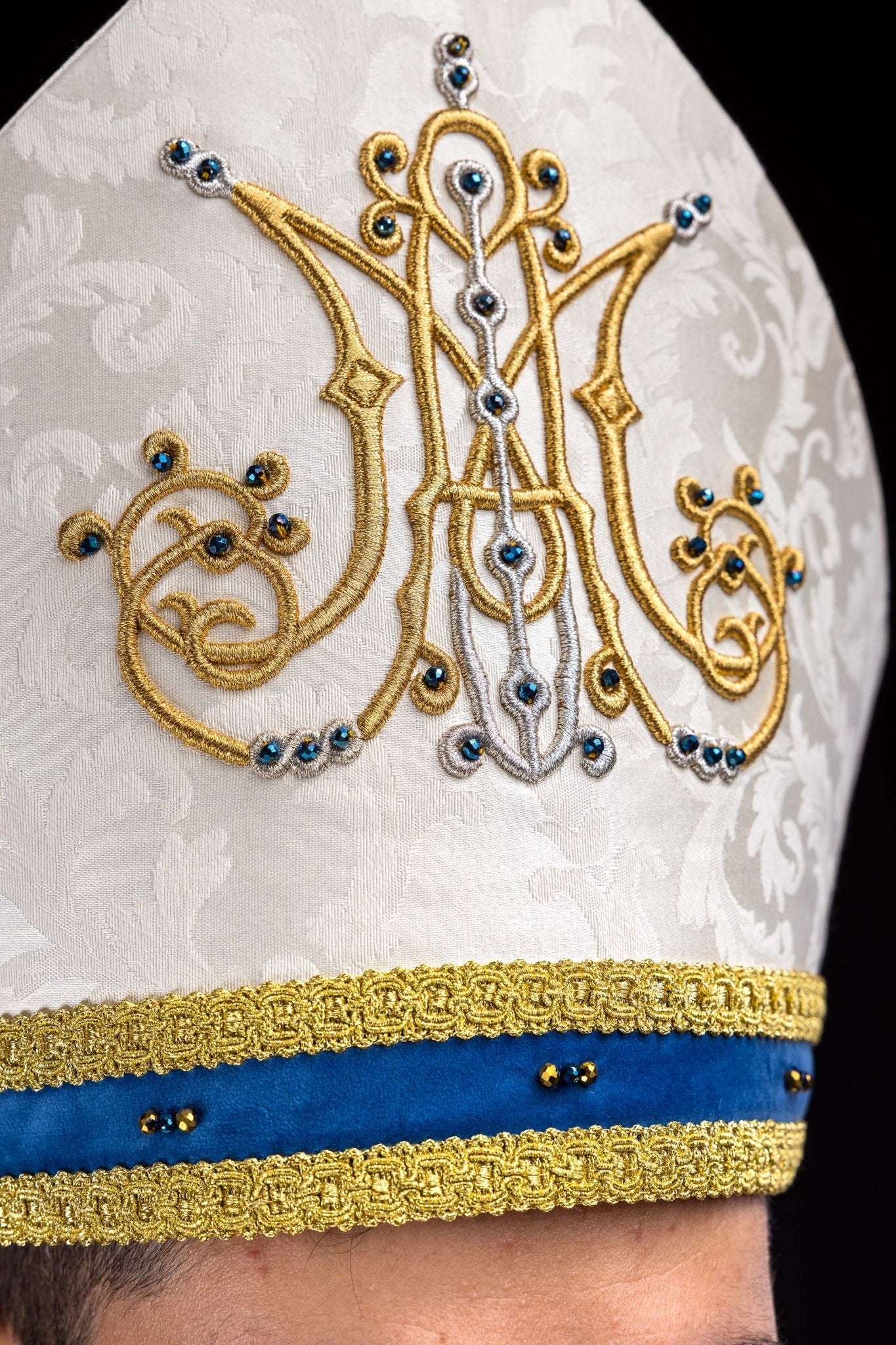 Ecru Handmade Marian Mitre with Natural Stones
