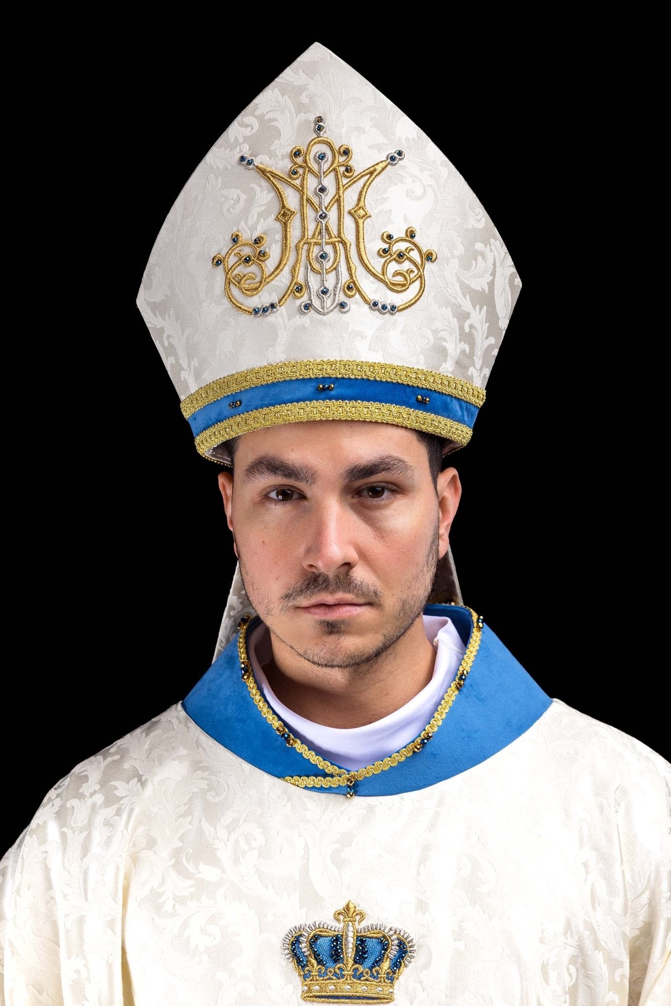 Ecru Handmade Marian Mitre with Natural Stones