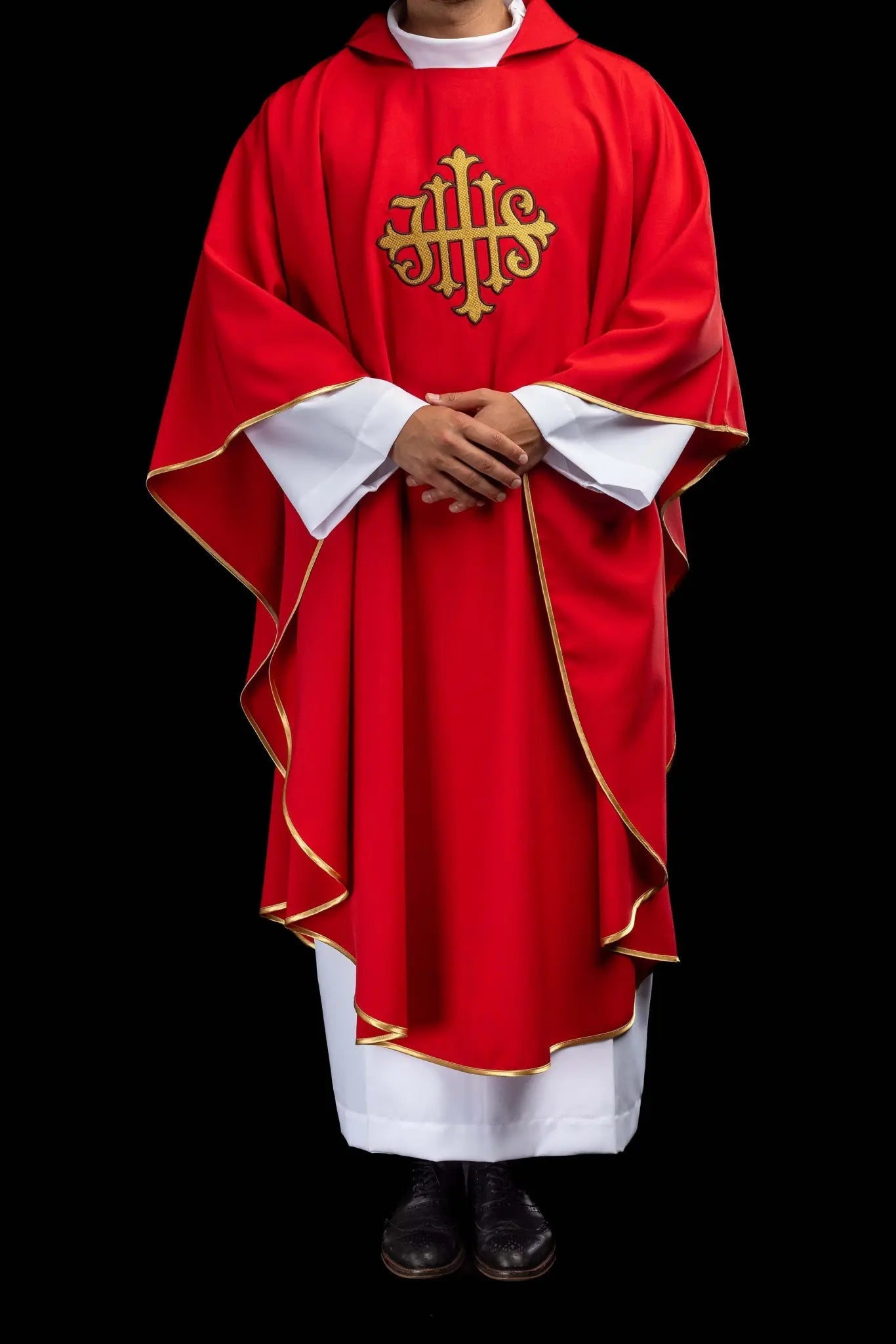 Red chasuble with IHS embroidery - HAFTINA ATELIER