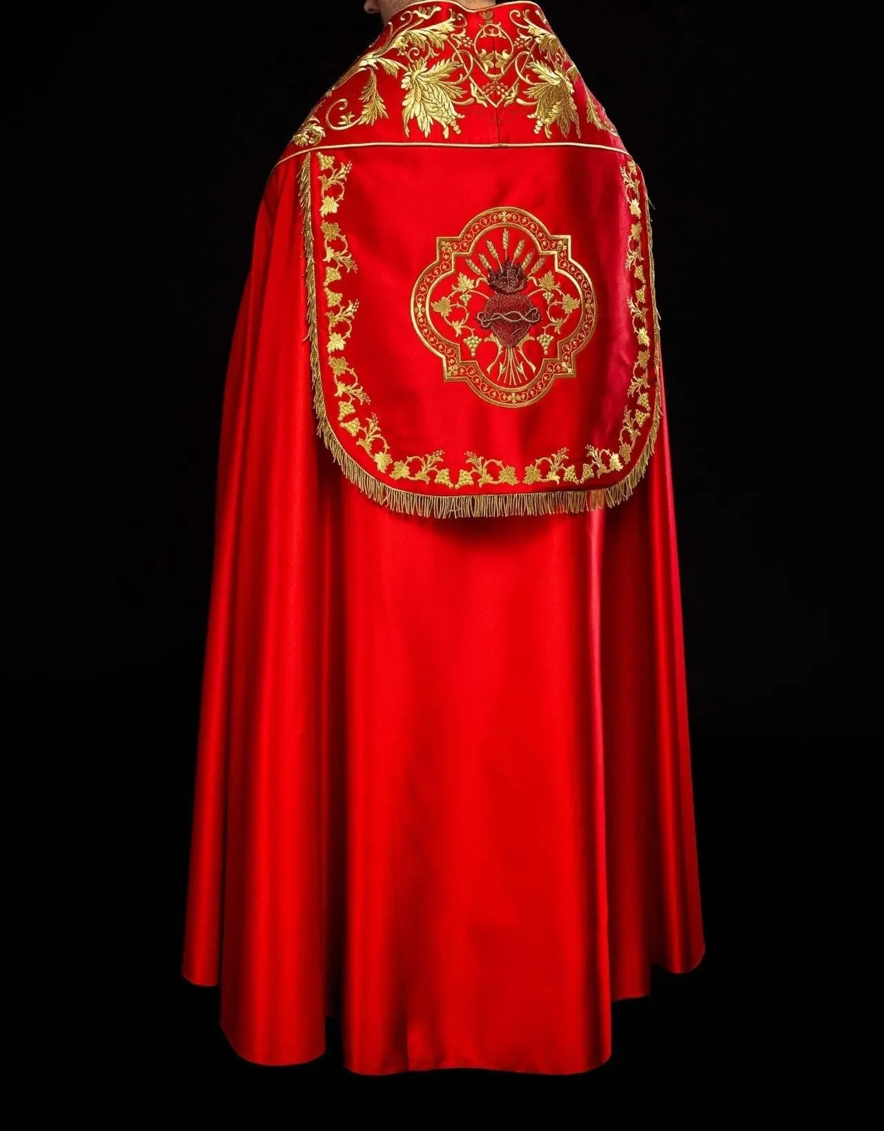 Roman Satin Cope – Red with Embroidered Sacred Heart of Jesus