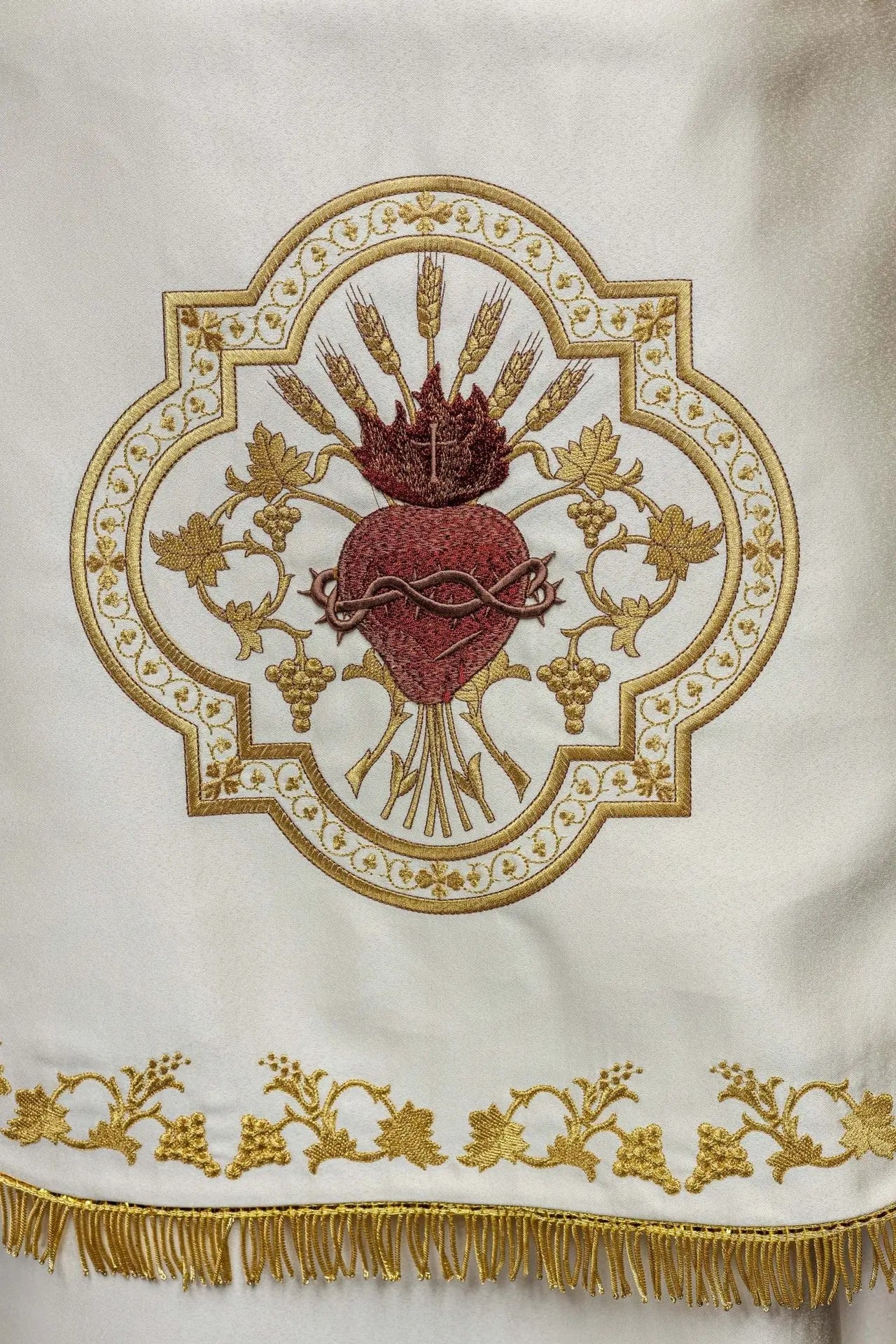 Roman Satin Cope in Ecru with Embroidered Sacred Heart of Jesus