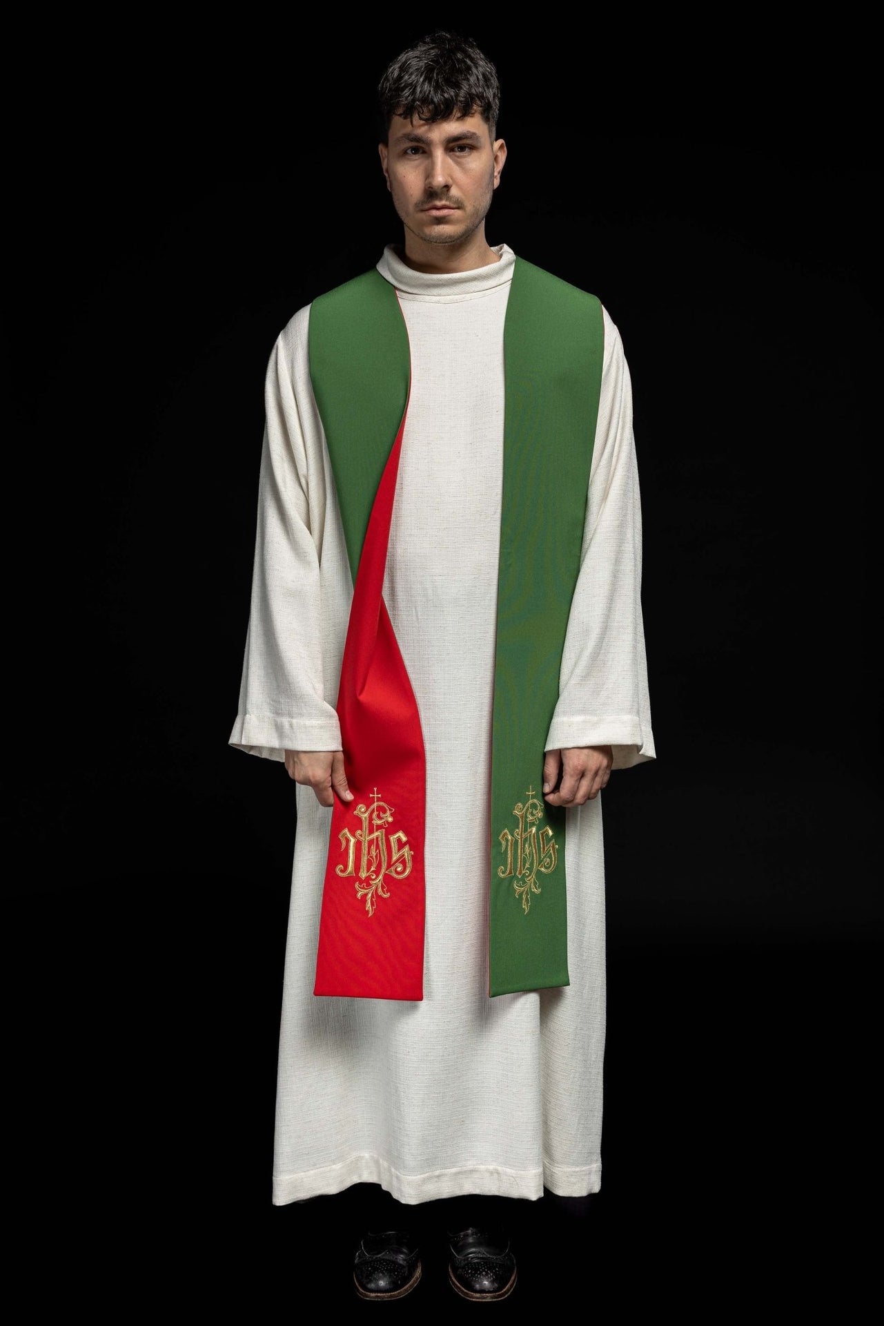 Stuła Dwustronna Haftowana IHS zielono - czerwona