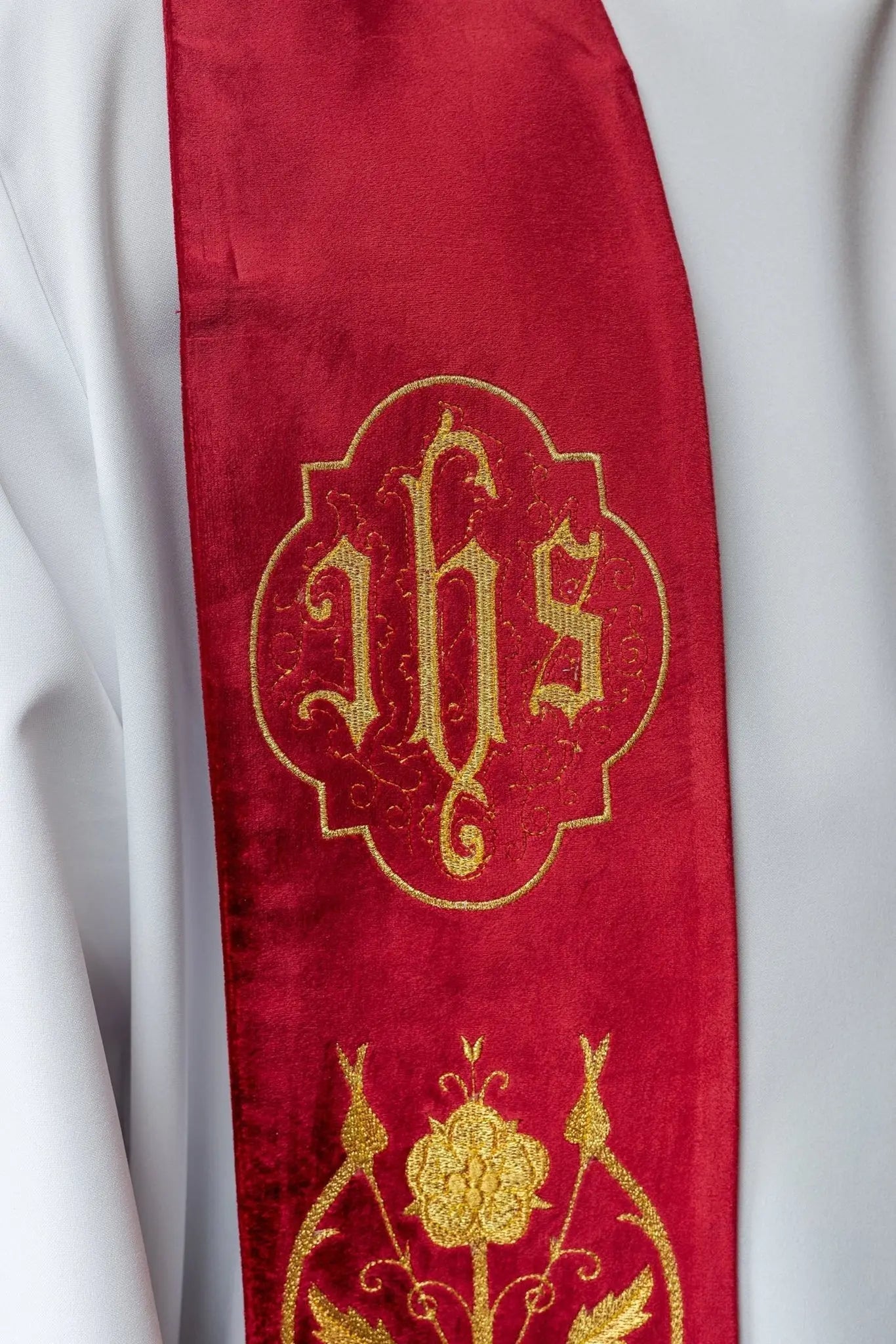 Embroidered red IHS stole