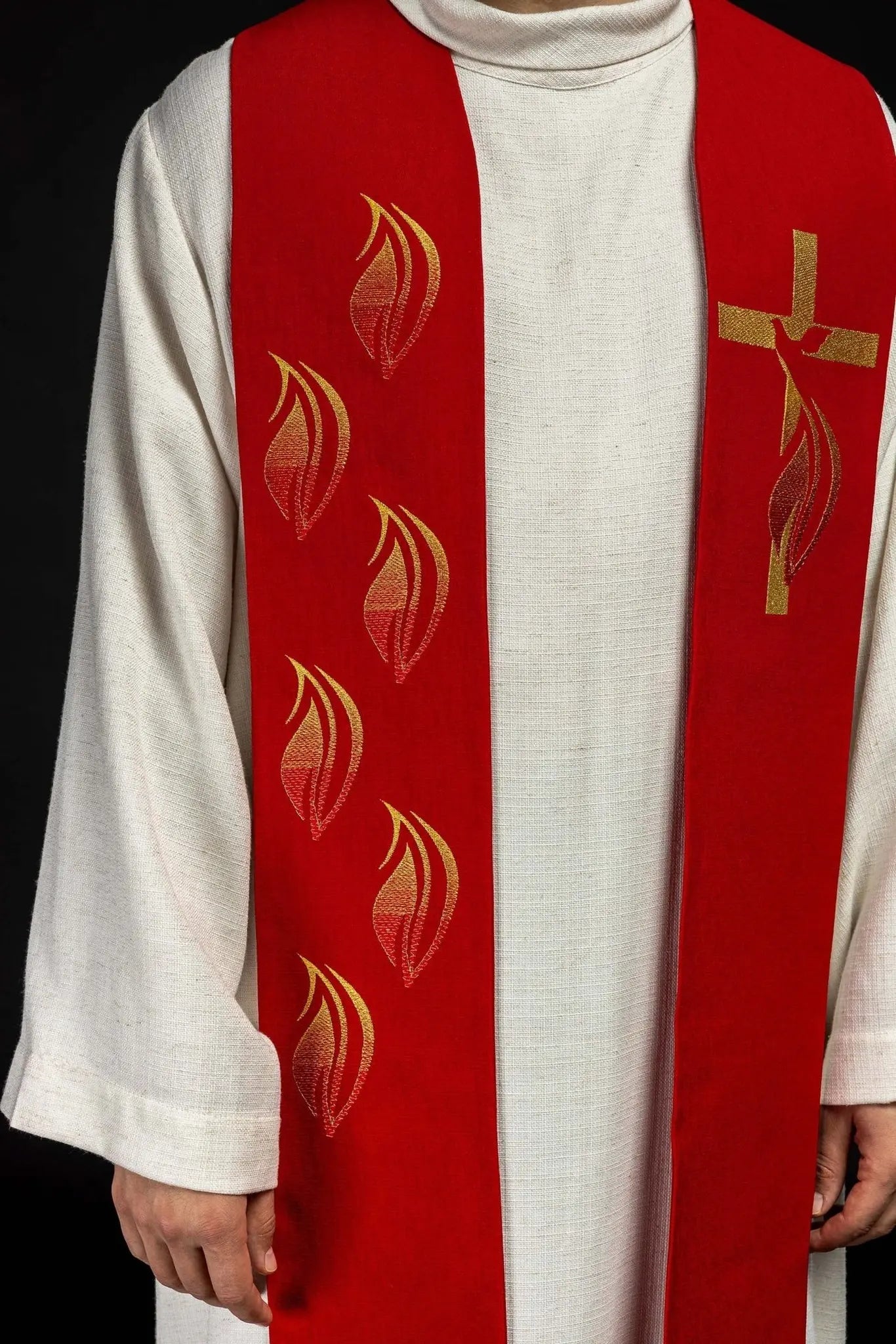 Embroidered stole Holy Spirit, cross and tongues of fire Red