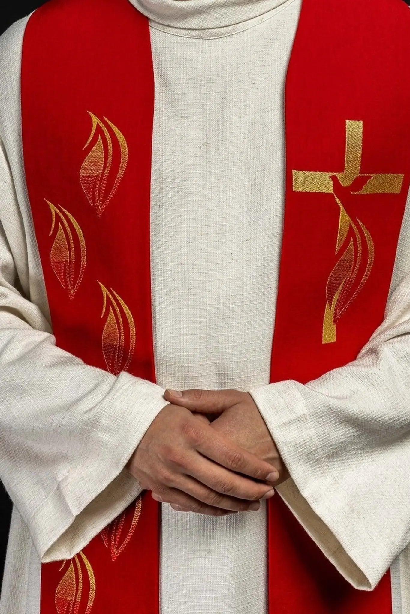 Stuła haftowana Duch Święty, krzyż i języki ognia Czerwony