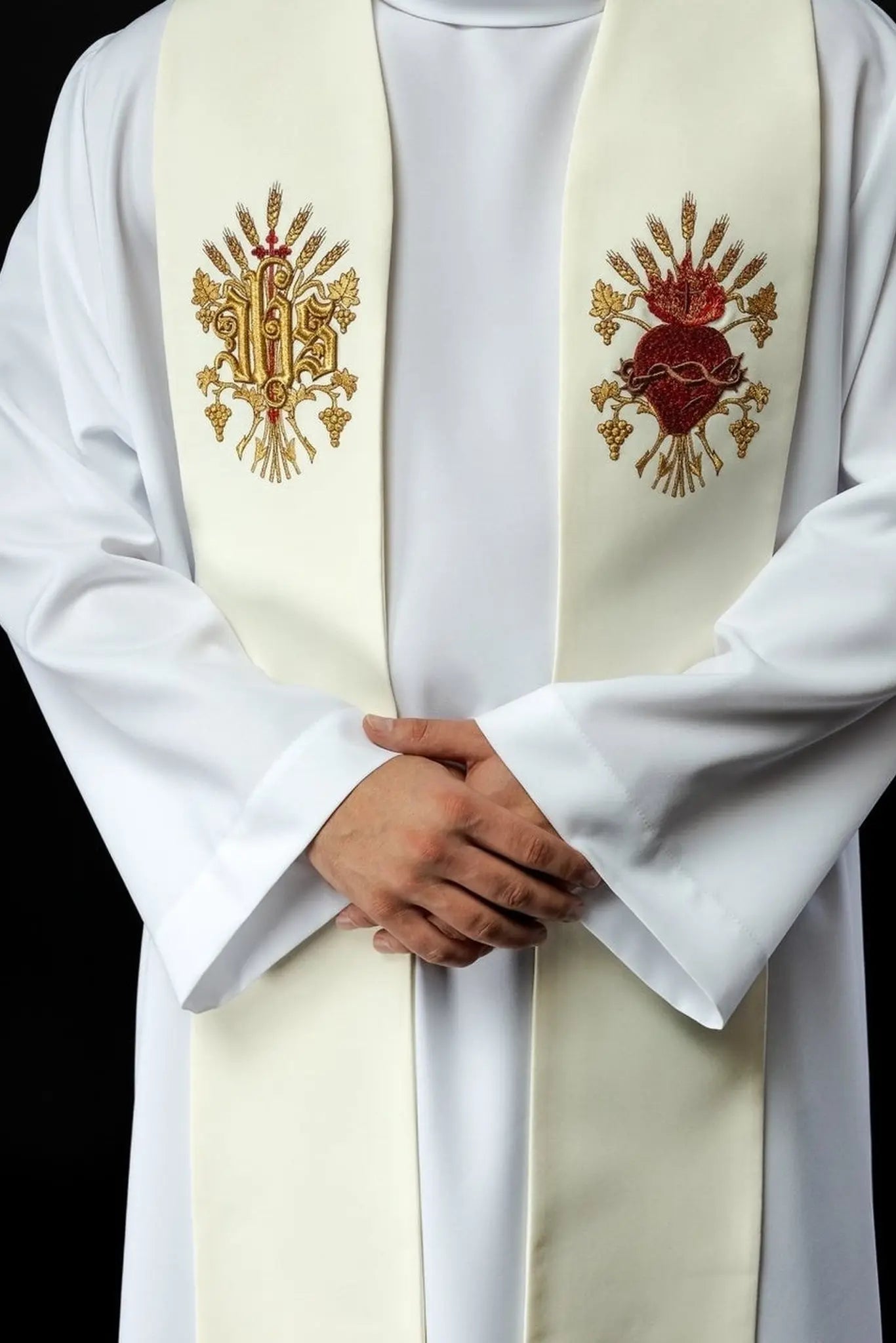 Embroidered stole of the cross, IHS and heart of Jesus Christ ecru