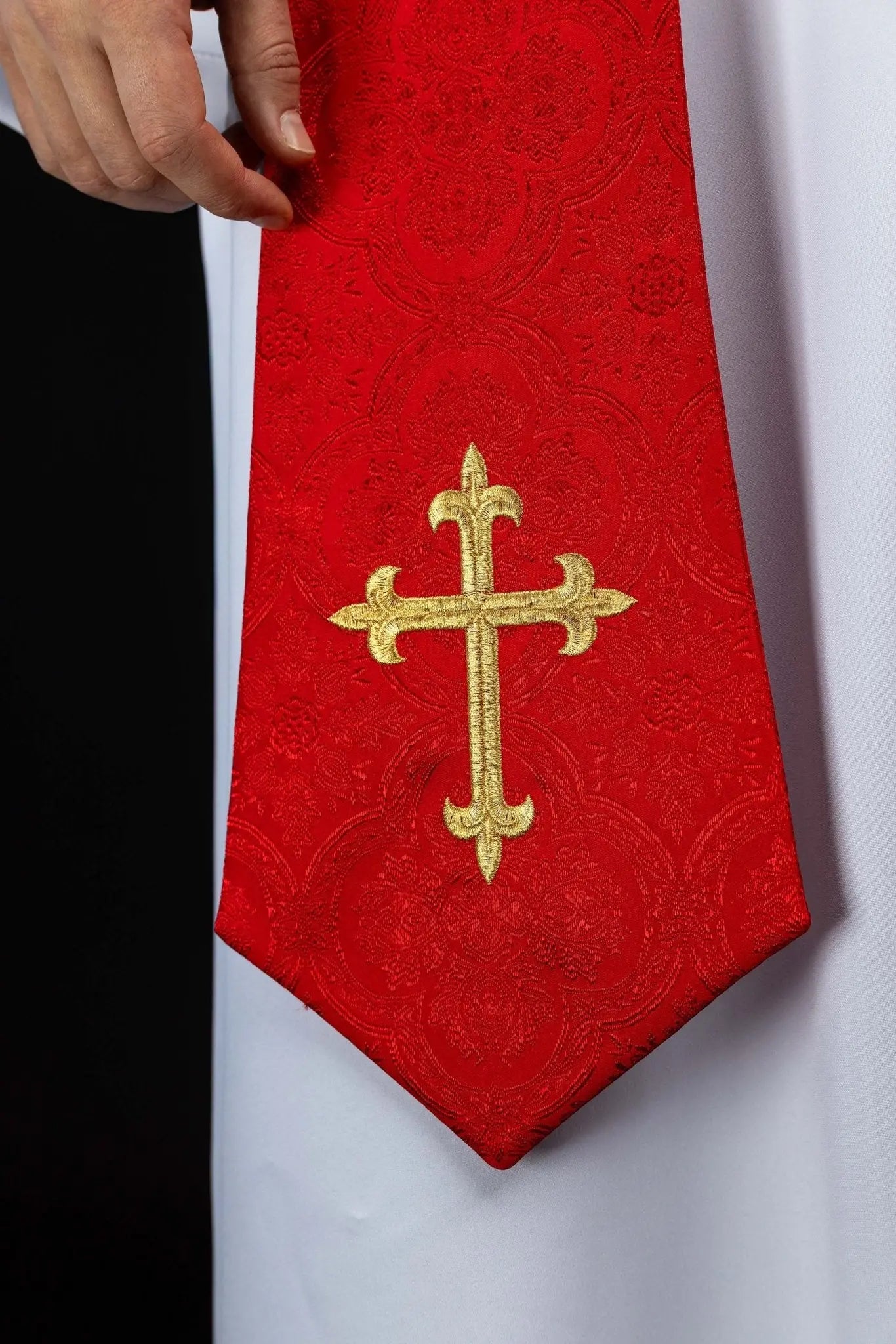 Red embroidered stole with cross motif, jacquard fabric