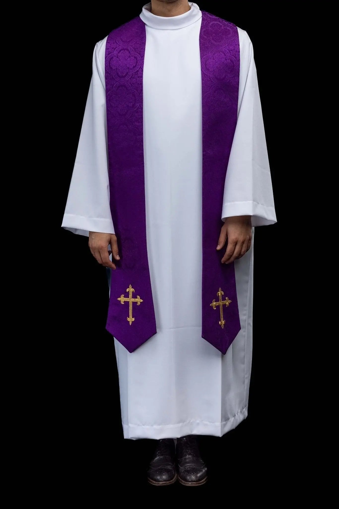 Purple jacquard stole with embroidered cross motif