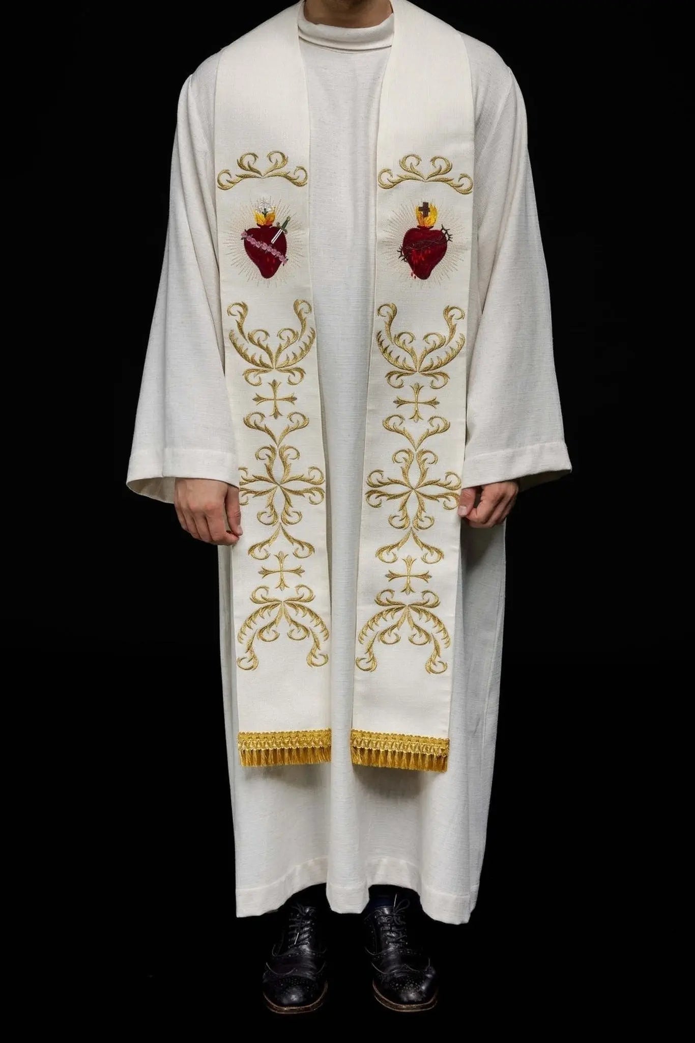 Stuła haftowana z sercami Jezusa i Maryi – ecru