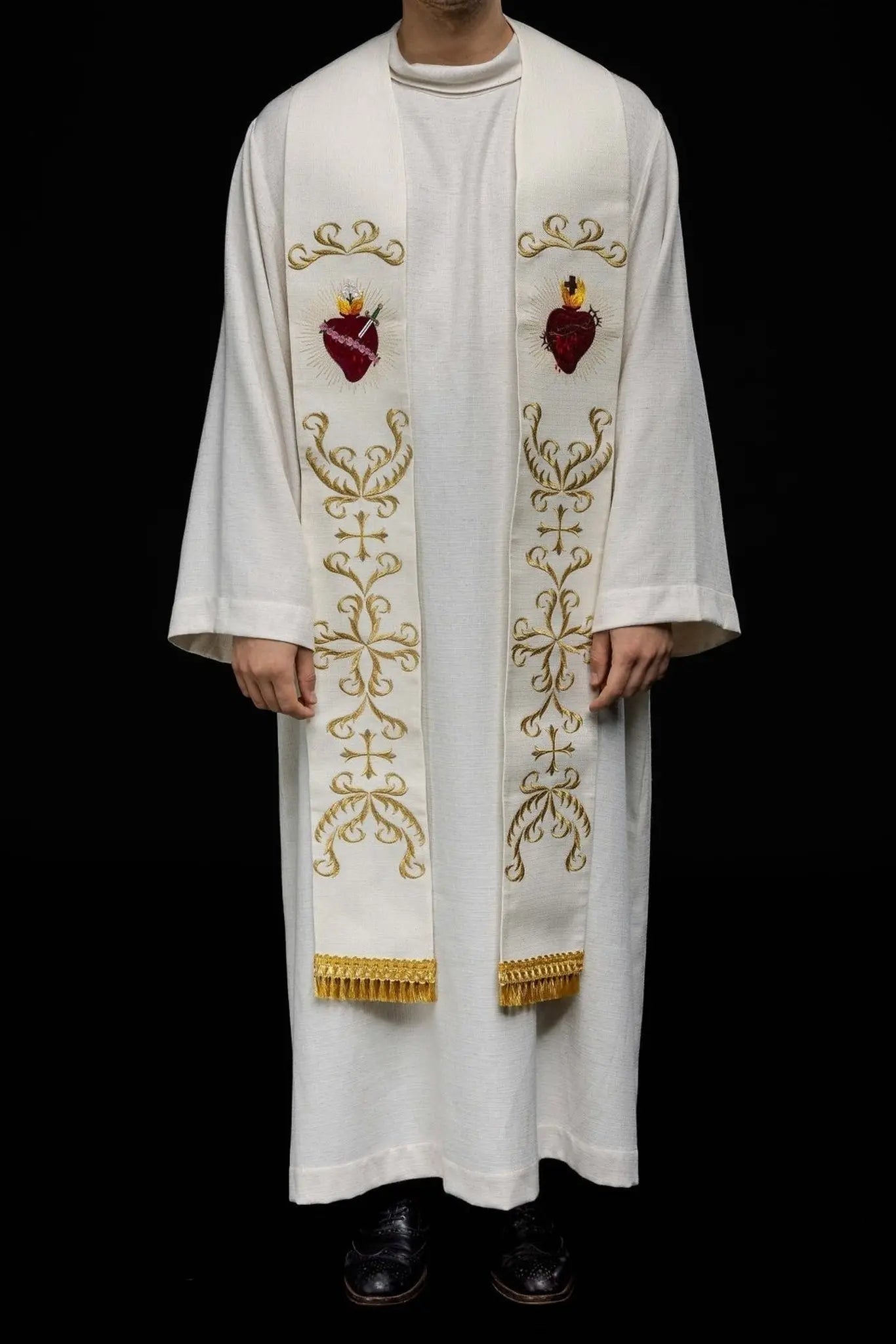 Stuła haftowana z sercami Jezusa i Maryi – ecru