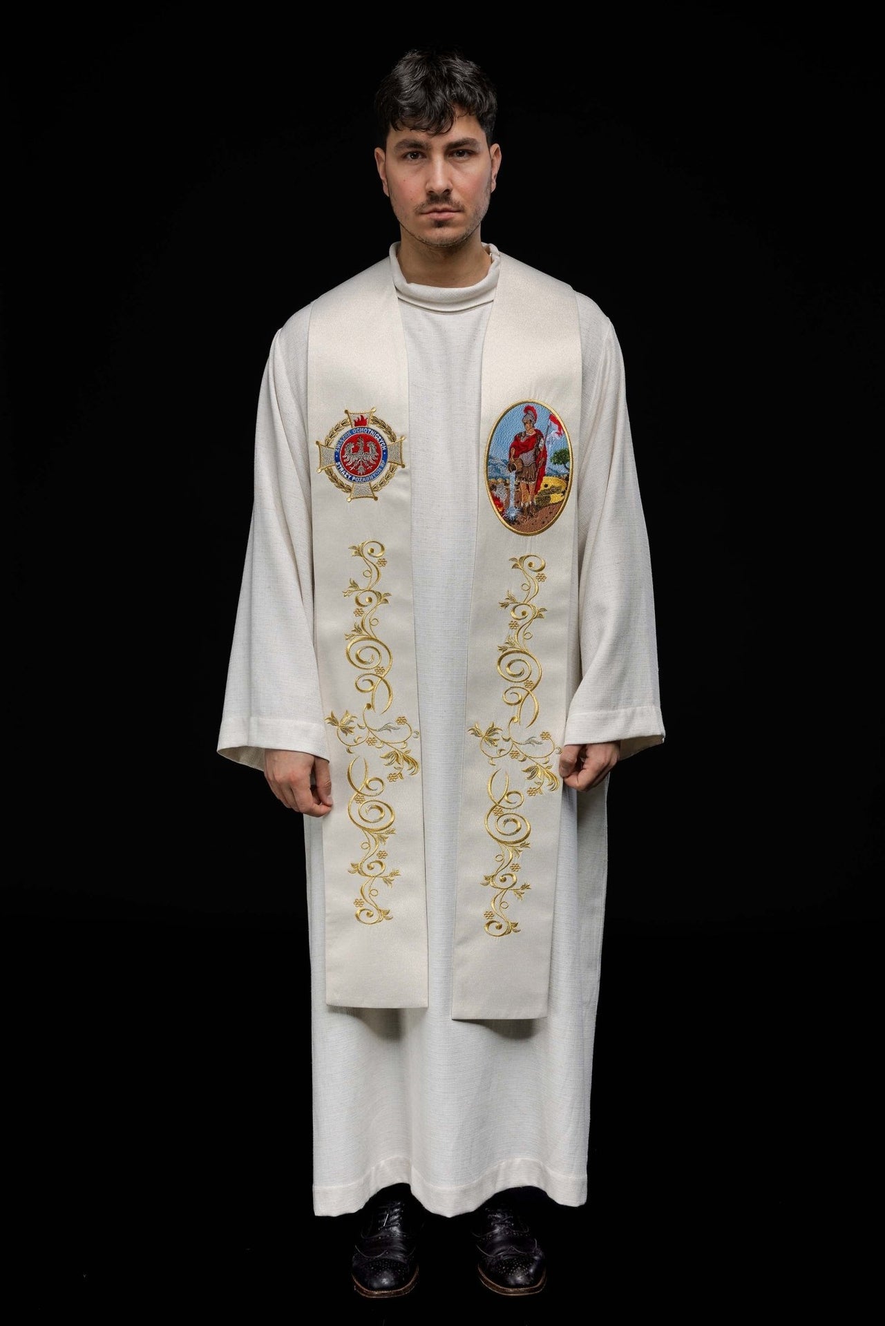 Stuła haftowana z wizerunkiem Świętego Floriana