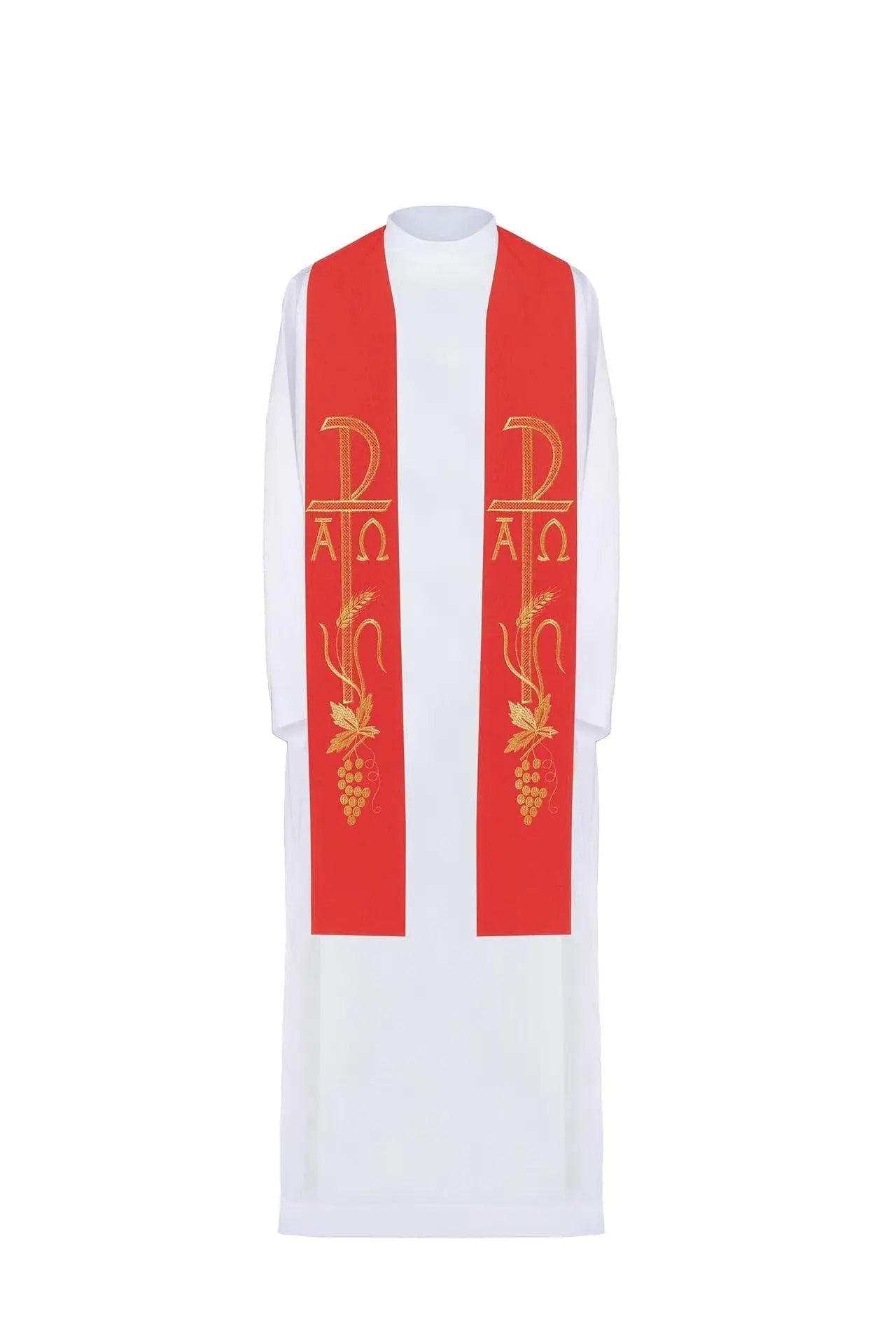 Alpha and Omega embroidered red priest's stole