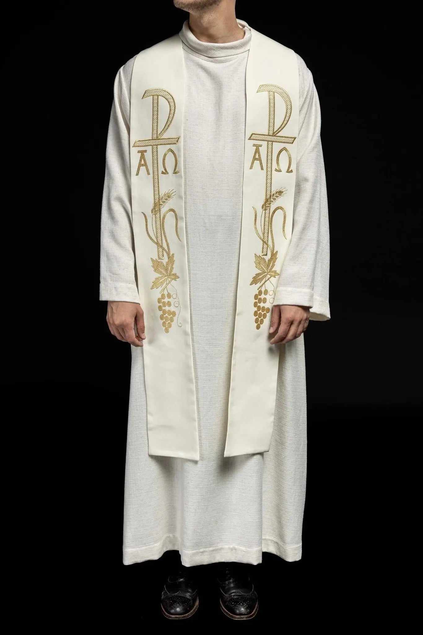 Alpha and Omega ecru embroidered priest's stole