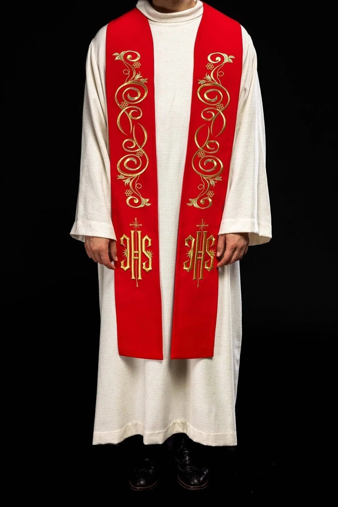 Haftowana stuła kapłańska IHS Red