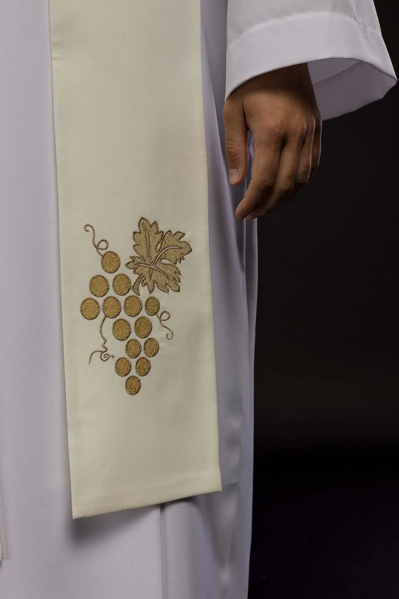 IHS embroidered priest's stole with ecru grapes