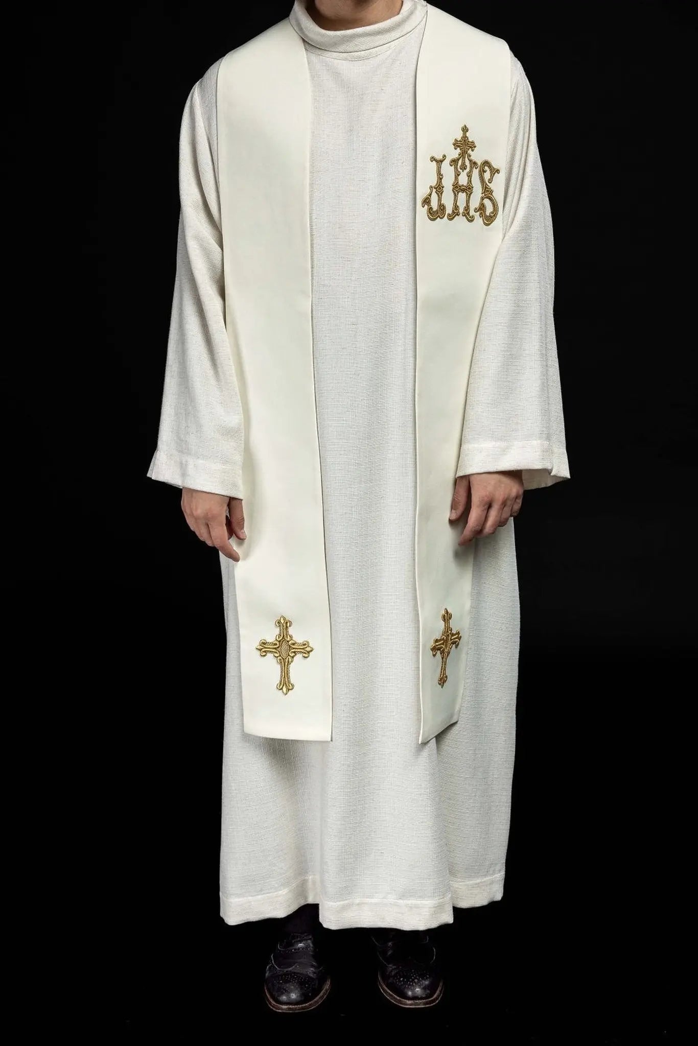 Embroidered priest's stole Cross and IHS ecru