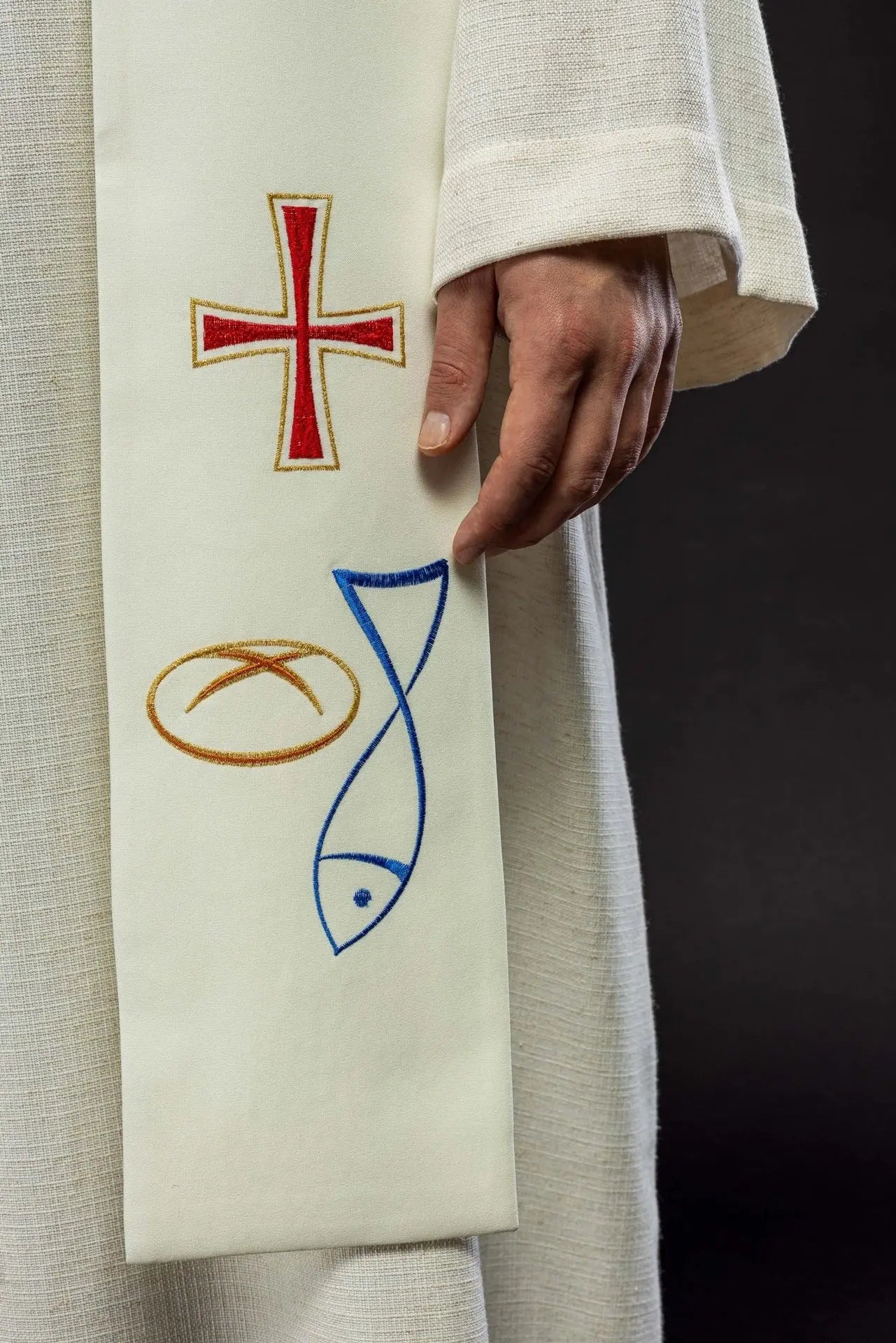 Priest's stole embroidered Fish Bread Cross in ecru