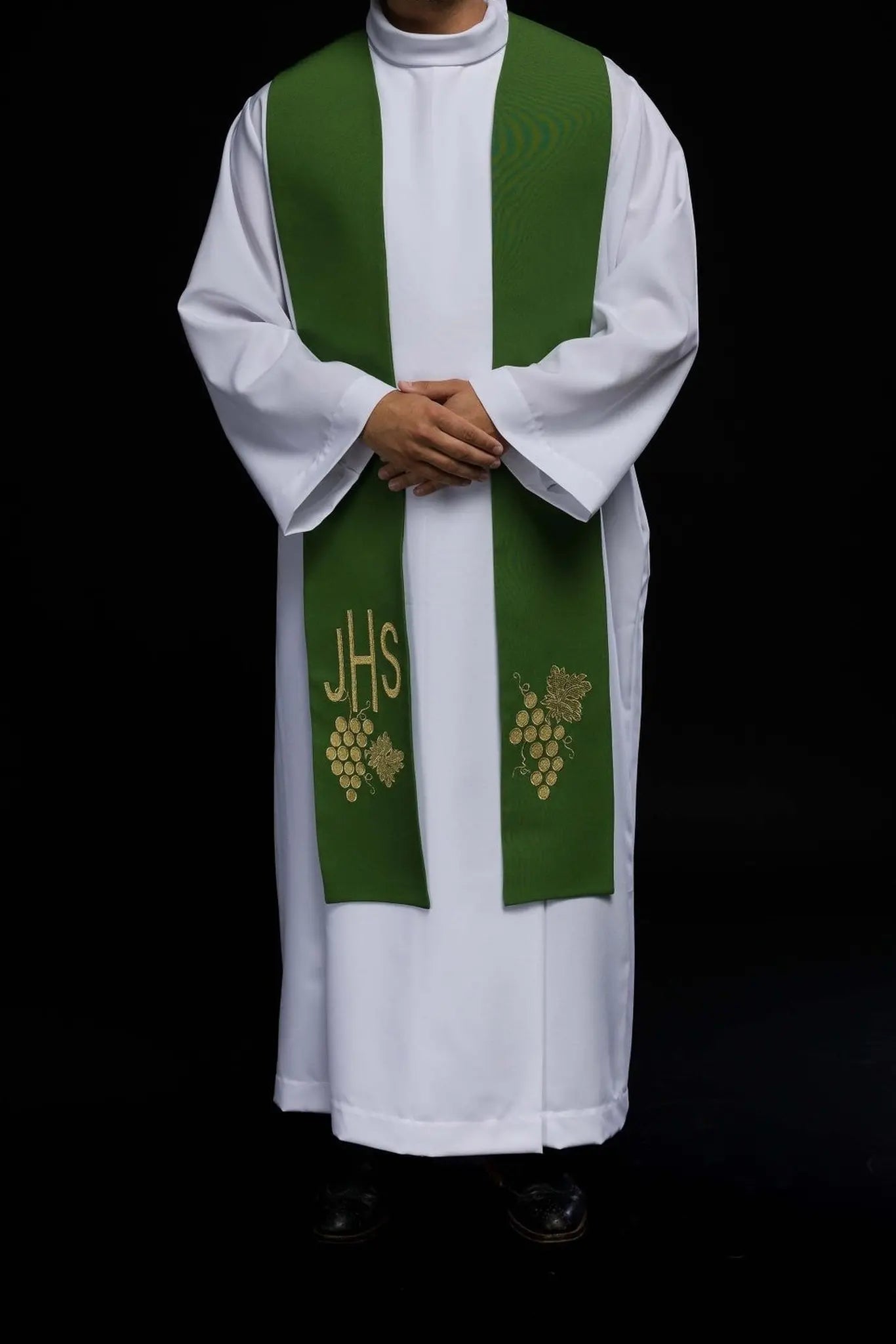 Green embroidered IHS priest's stole with grapes