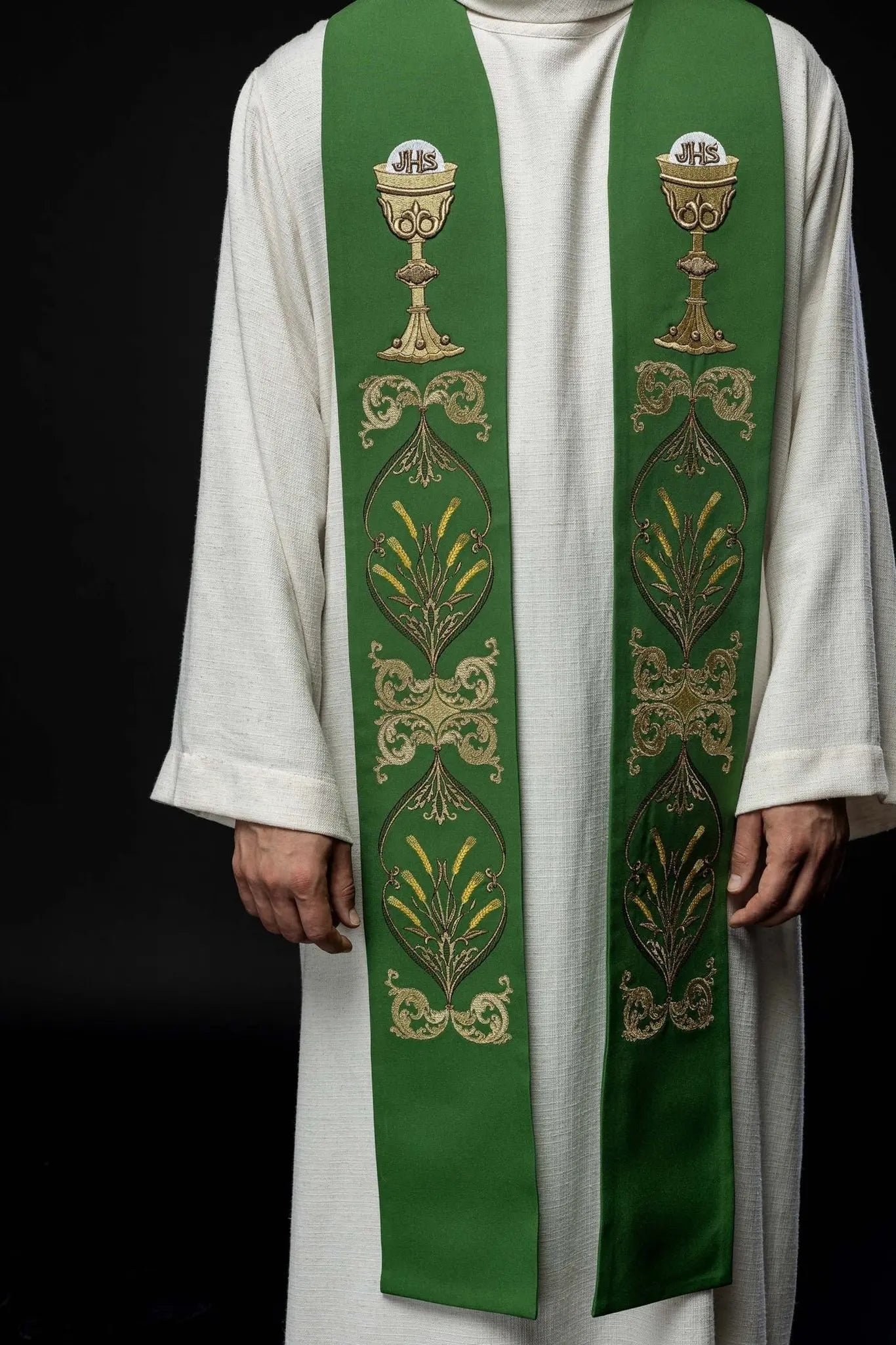 Green priest's stole IHS chalice