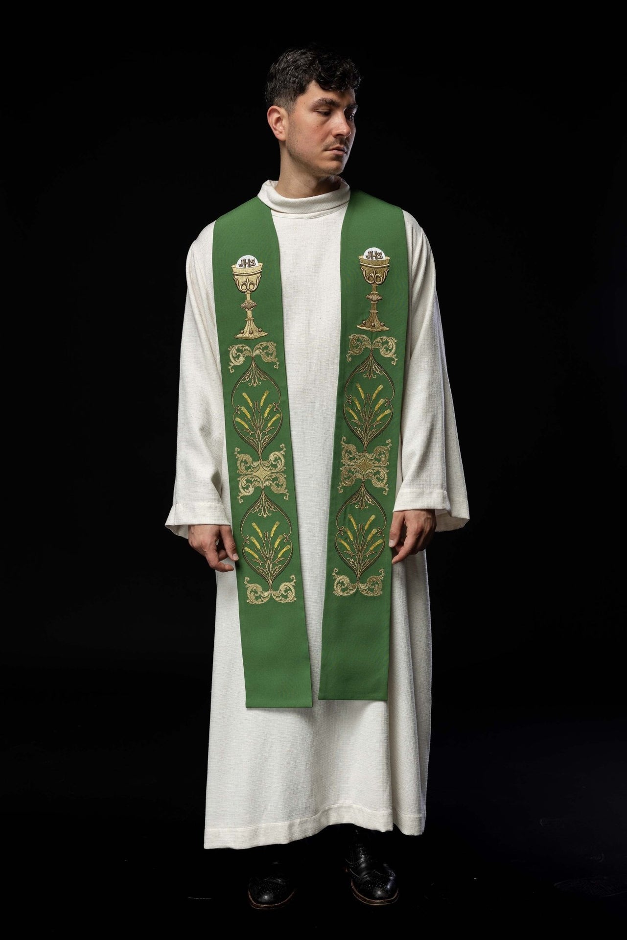 Stuła kapłańska zielona kielich IHS