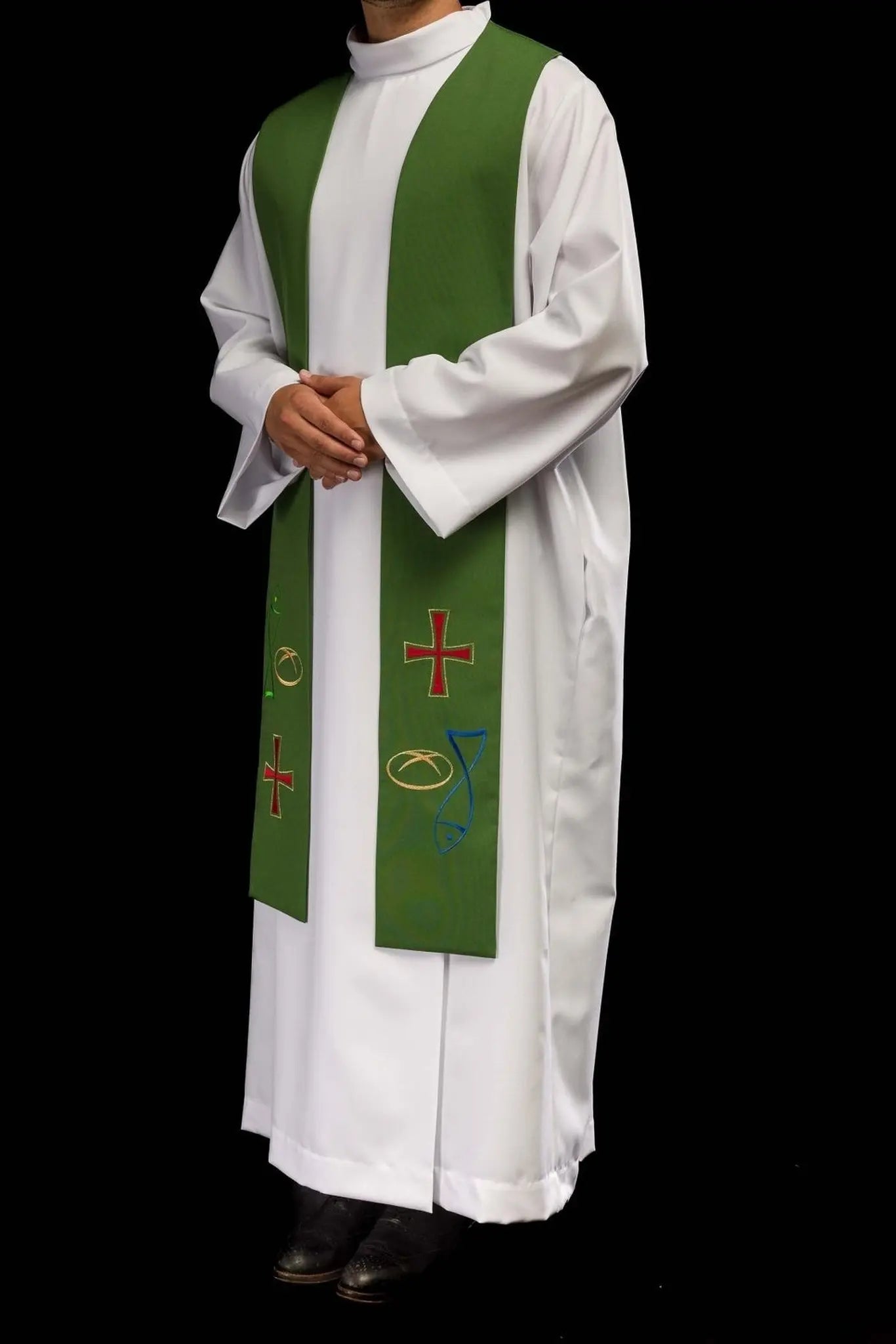 Green embroidered priest's stole with motif Fish Bread Cross