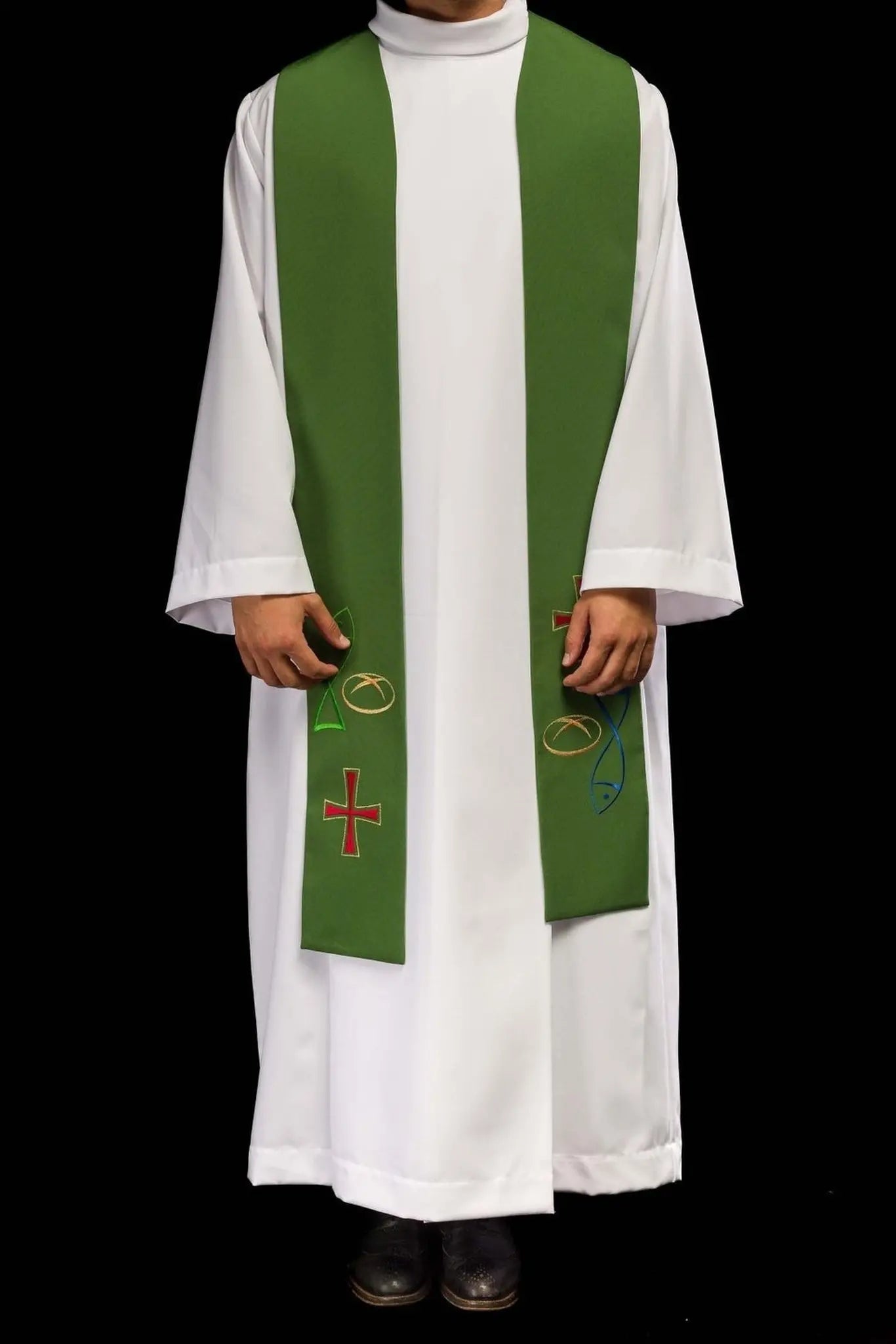 Green embroidered priest's stole with motif Fish Bread Cross