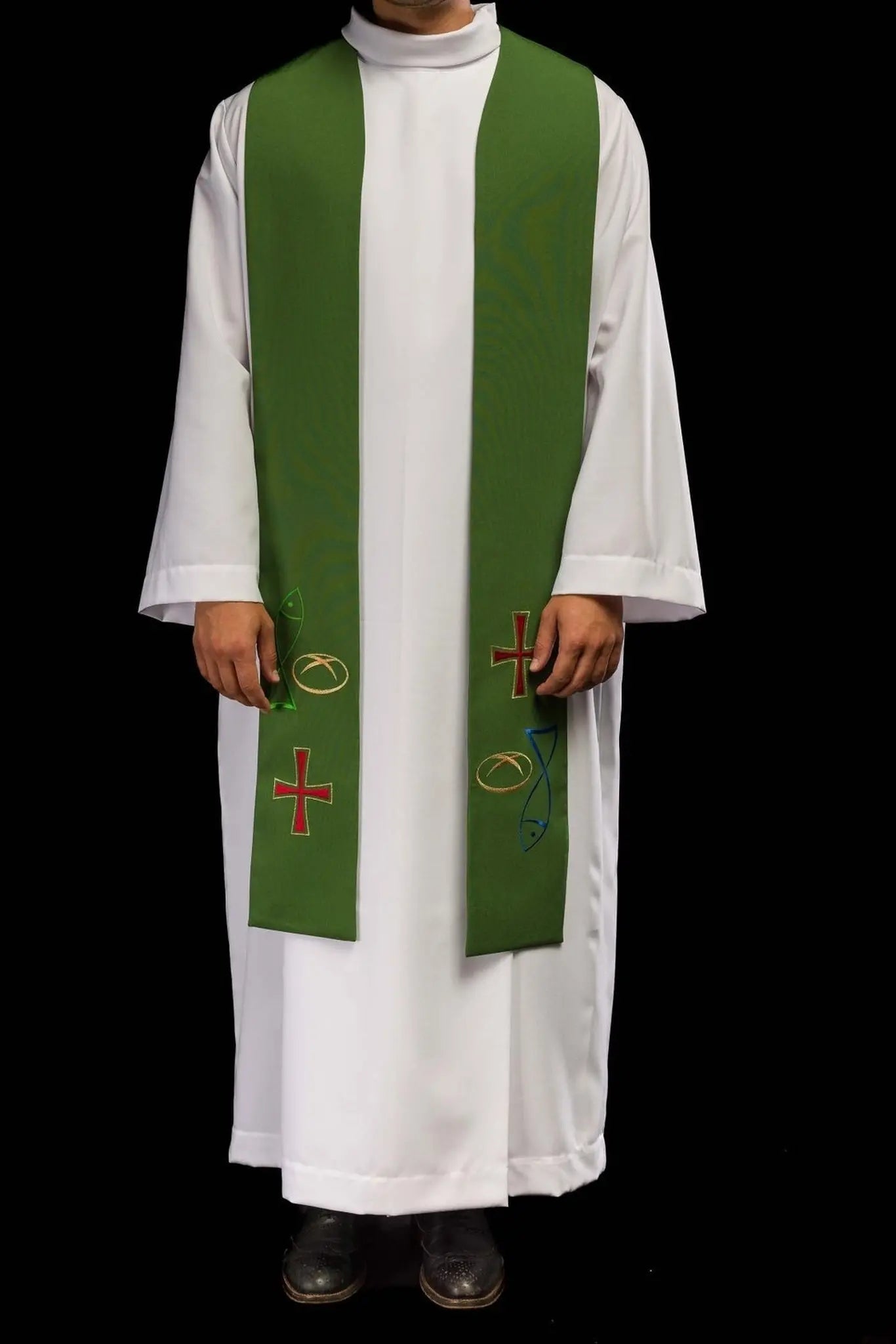 Green embroidered priest's stole with motif Fish Bread Cross
