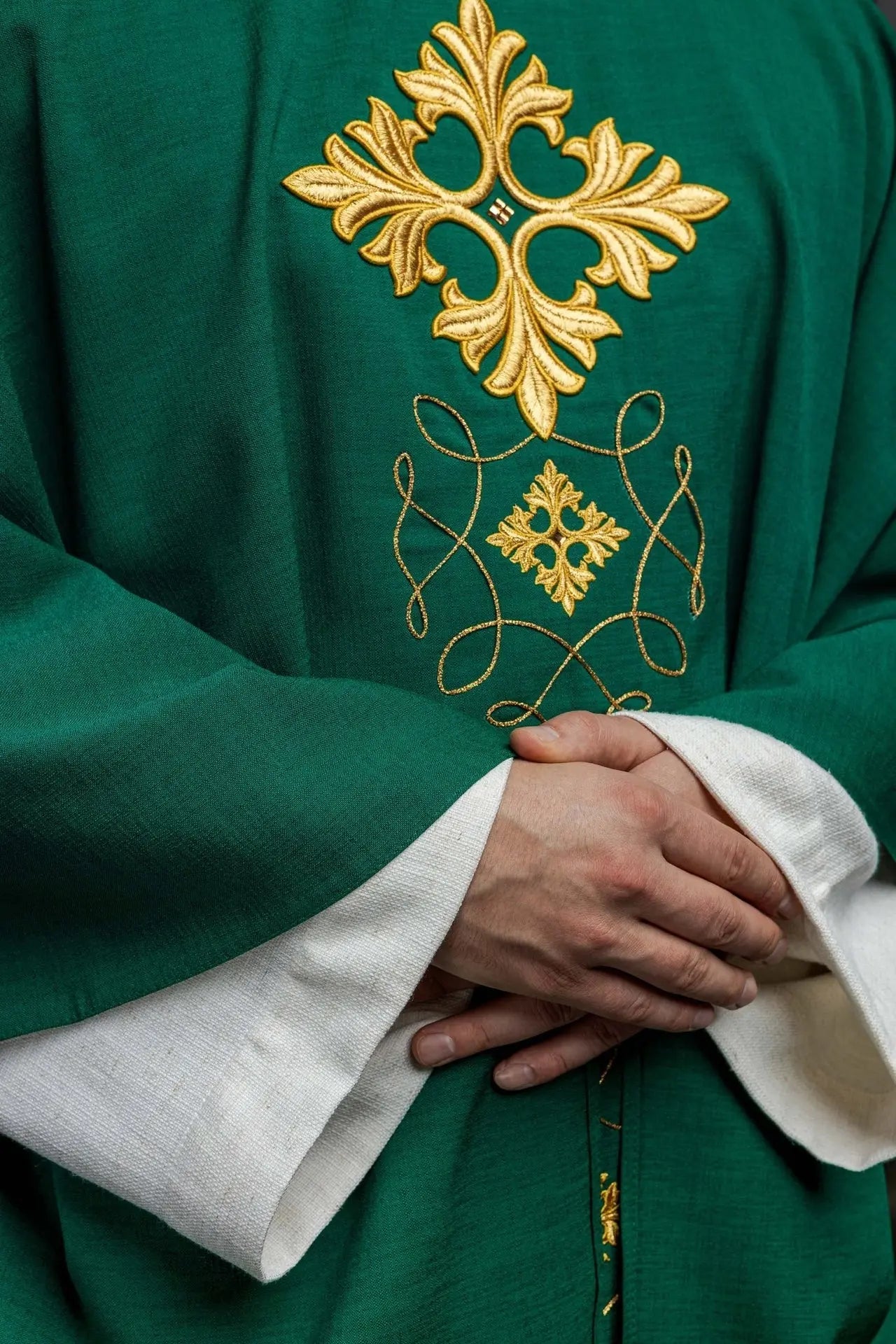 Green chasuble richly embroidered with string and stones