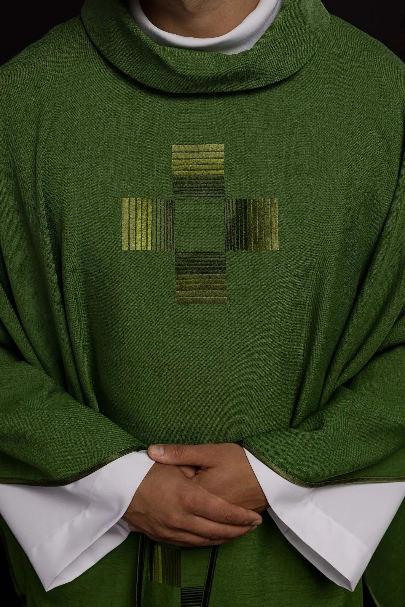 Green chasuble with embroidered crosses