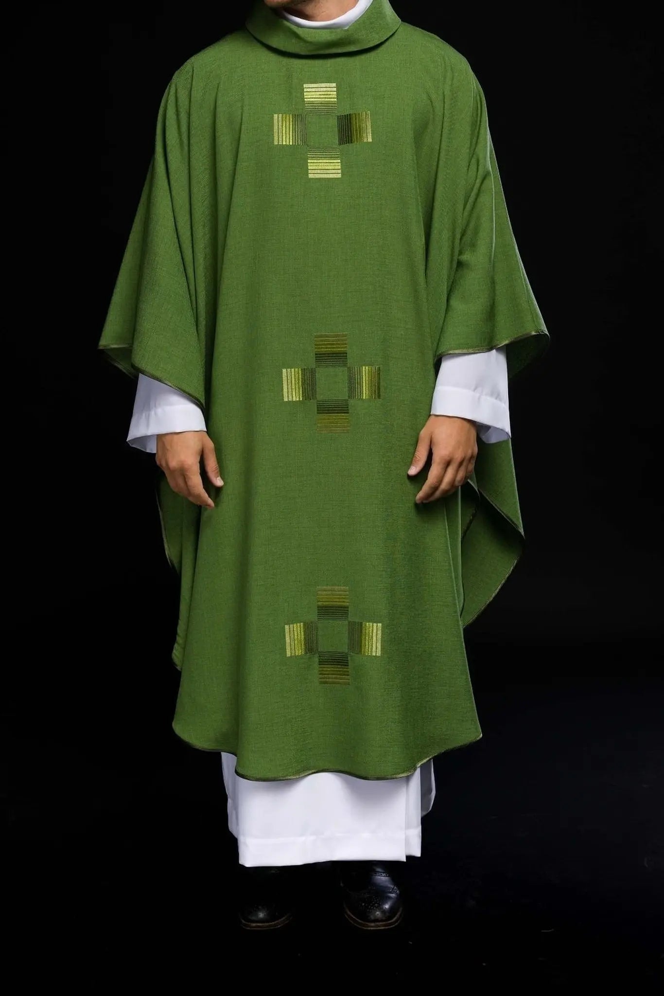Green chasuble with embroidered crosses