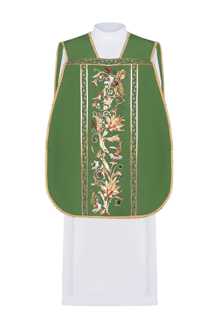 Green Roman chasuble embroidered with IHS motif