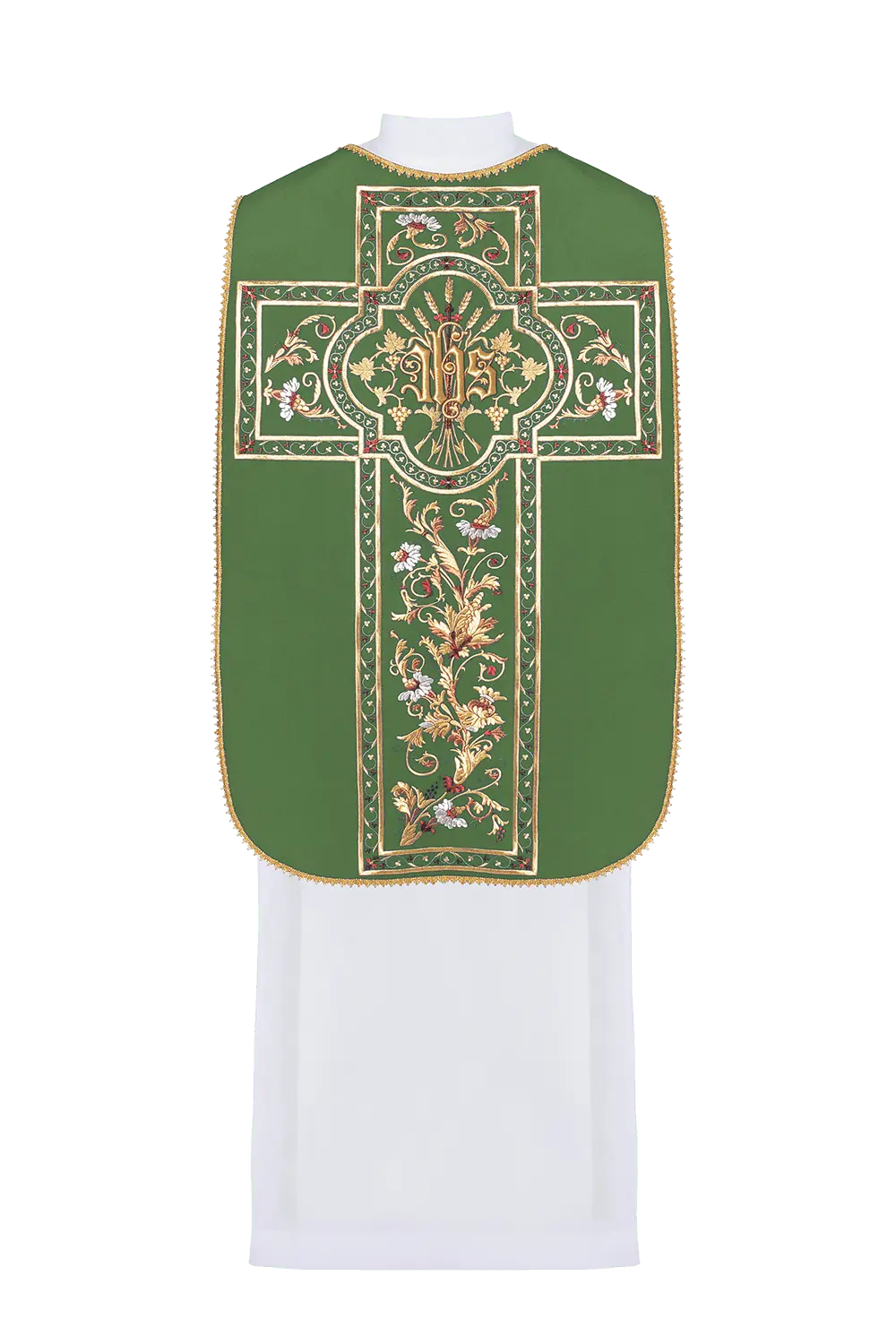 Green Roman chasuble embroidered with IHS motif