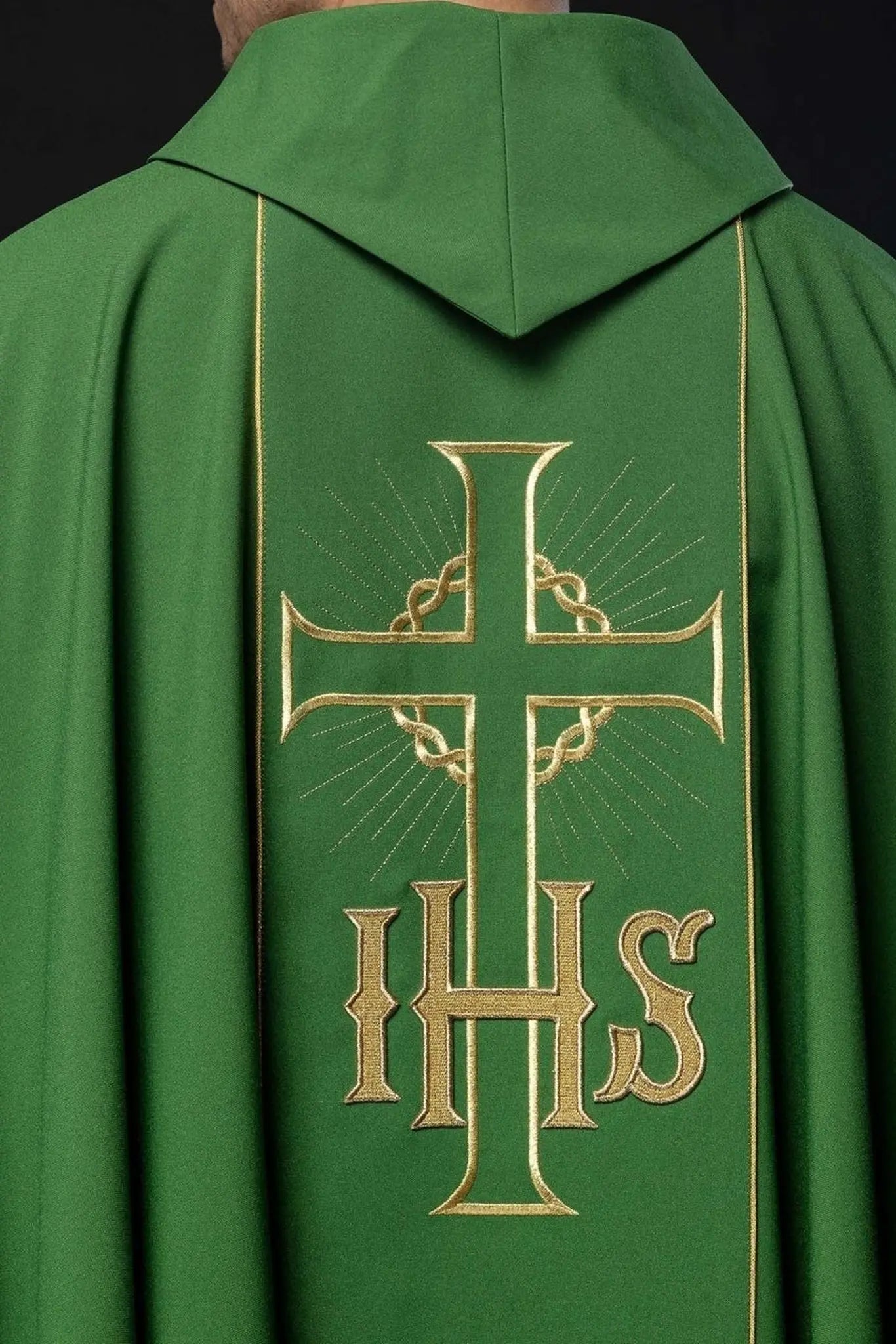 Green chasuble with decorated gold belt with IHS and ears