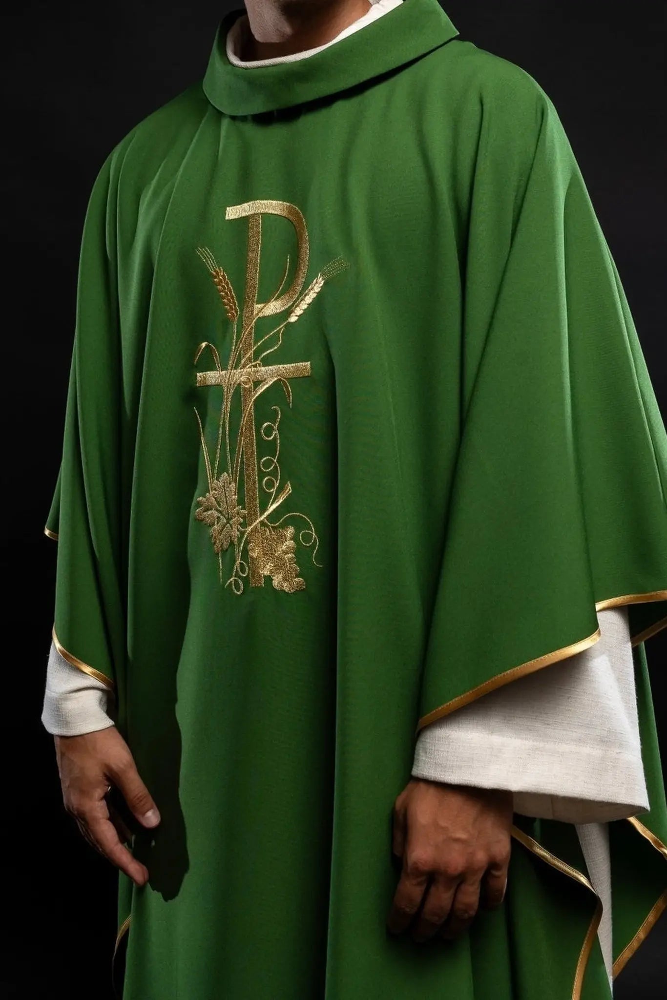 Green chasuble with gold cross embroidery