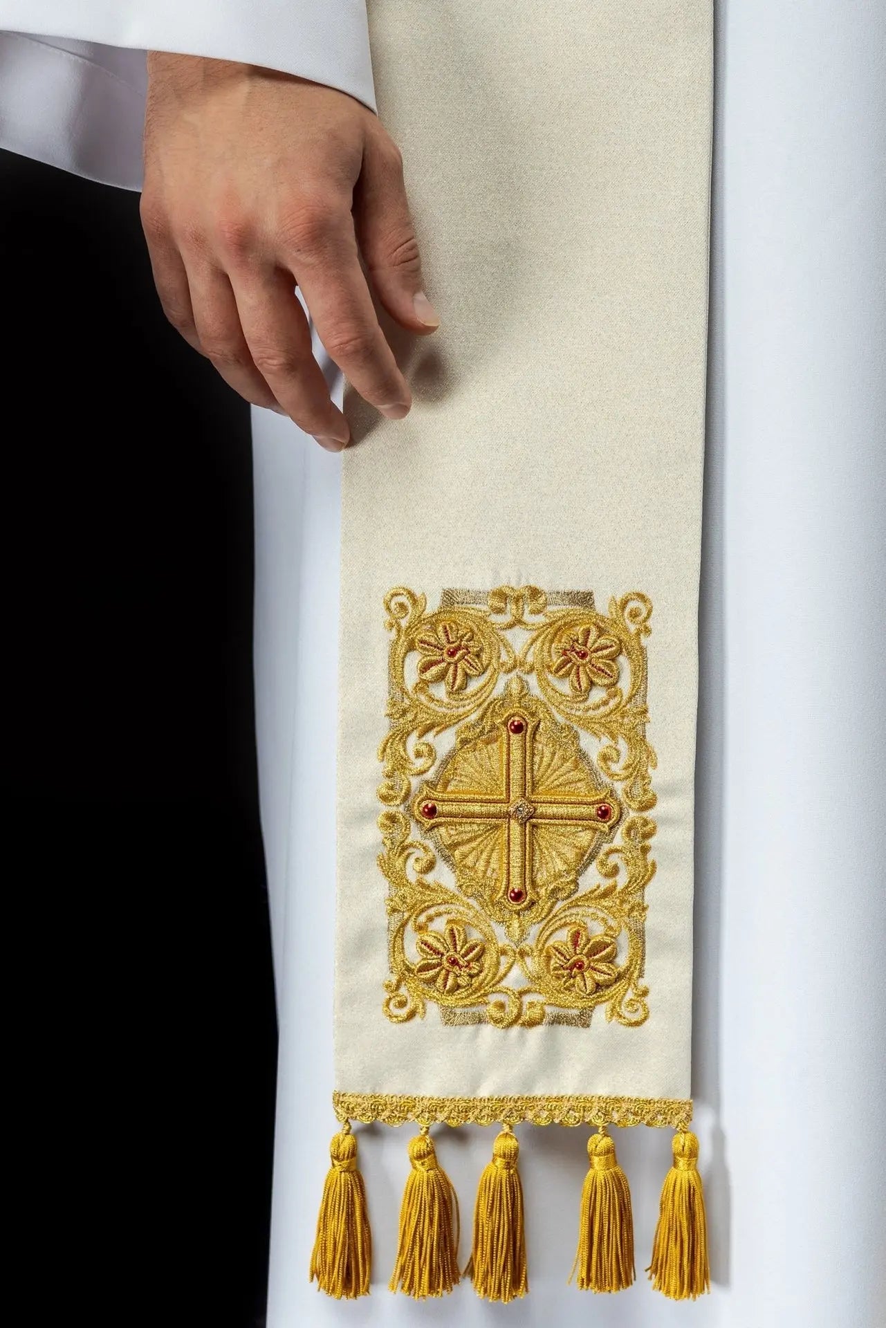 White priest's stole embroidered with stones