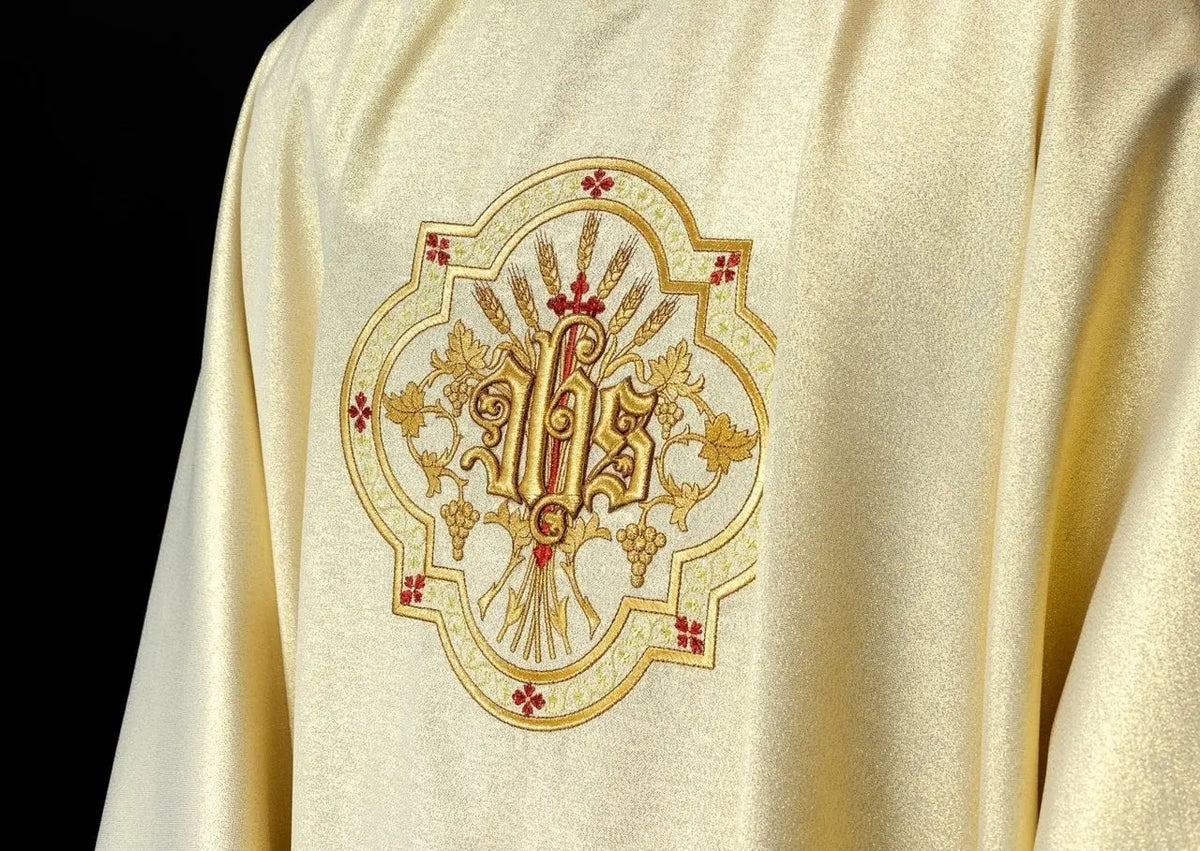 Gold chasuble with IHS and PAX embroidery