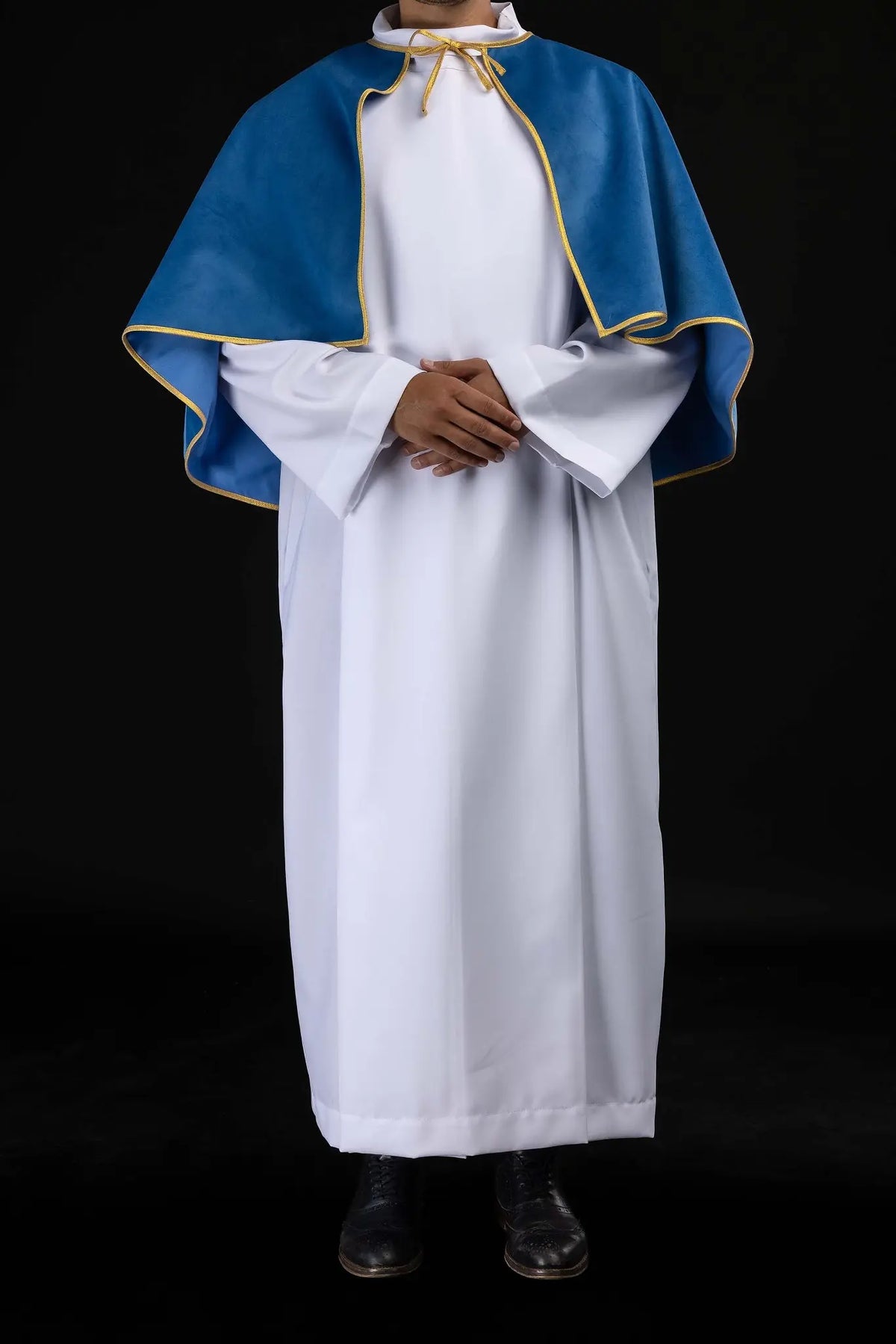 Blue Velvet Altar Server Cape for Marian Celebrations, front view with gold trim