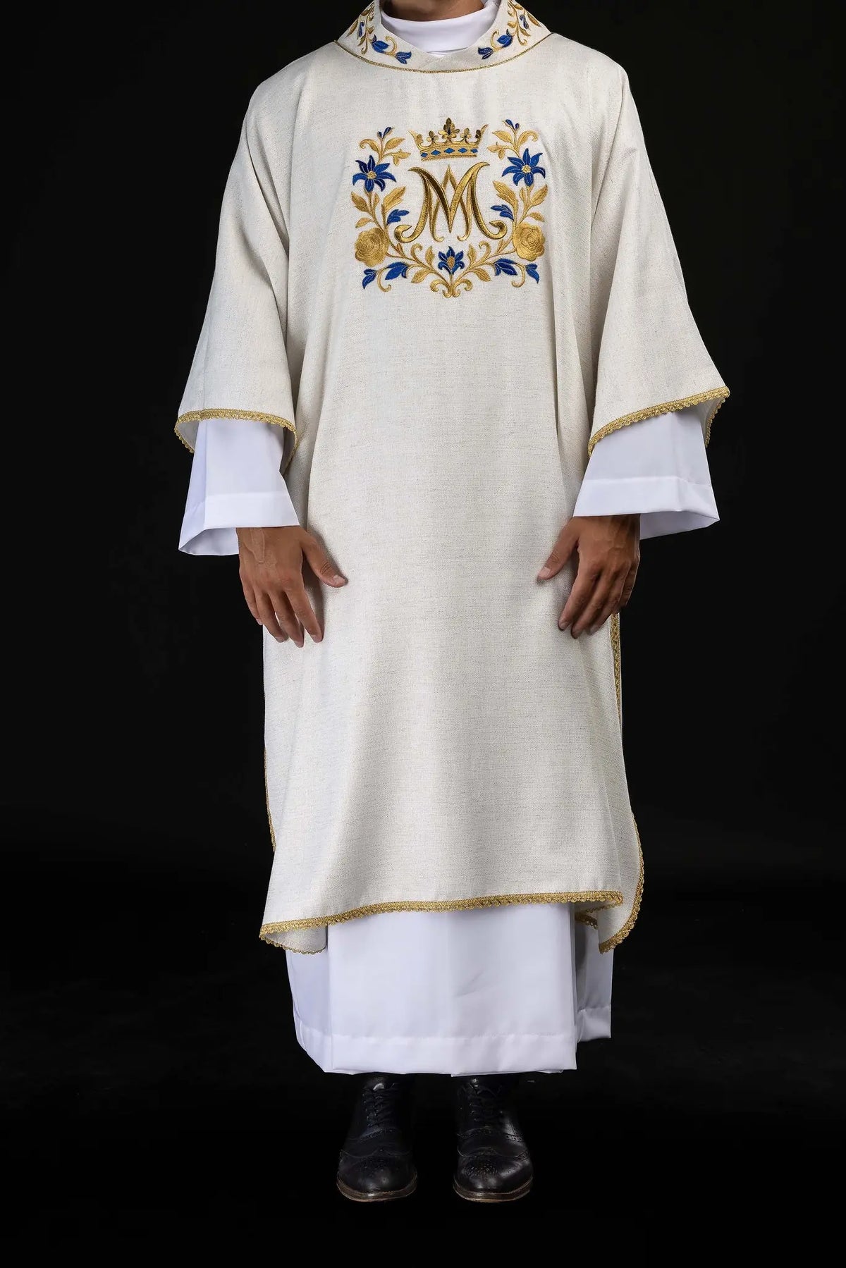 Ecru Dalmatic for Marian Feasts with an Embroidered M Monogram, front view