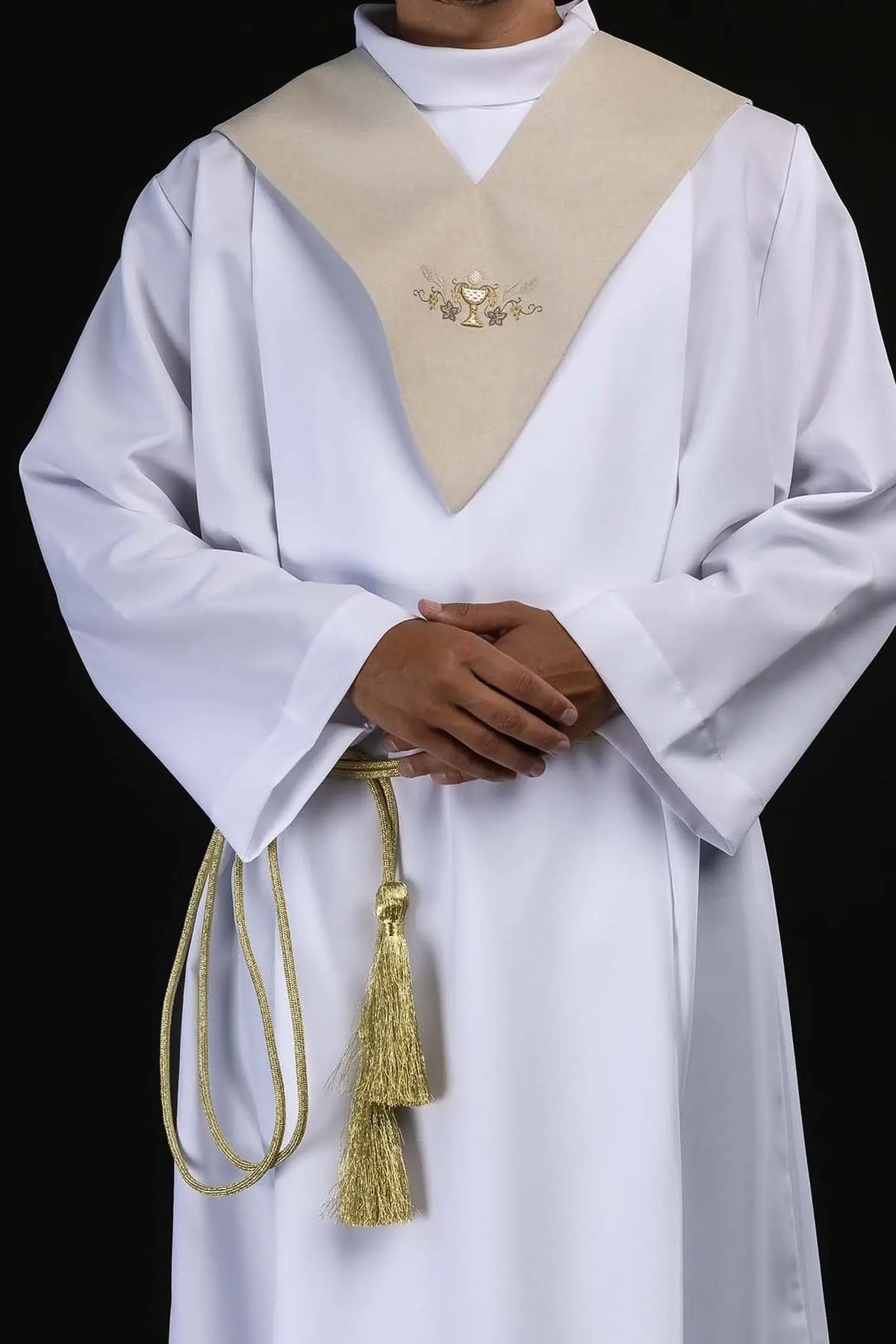 Ecru Lector's Scapular with Communion Chalice Embroidery, worn front view