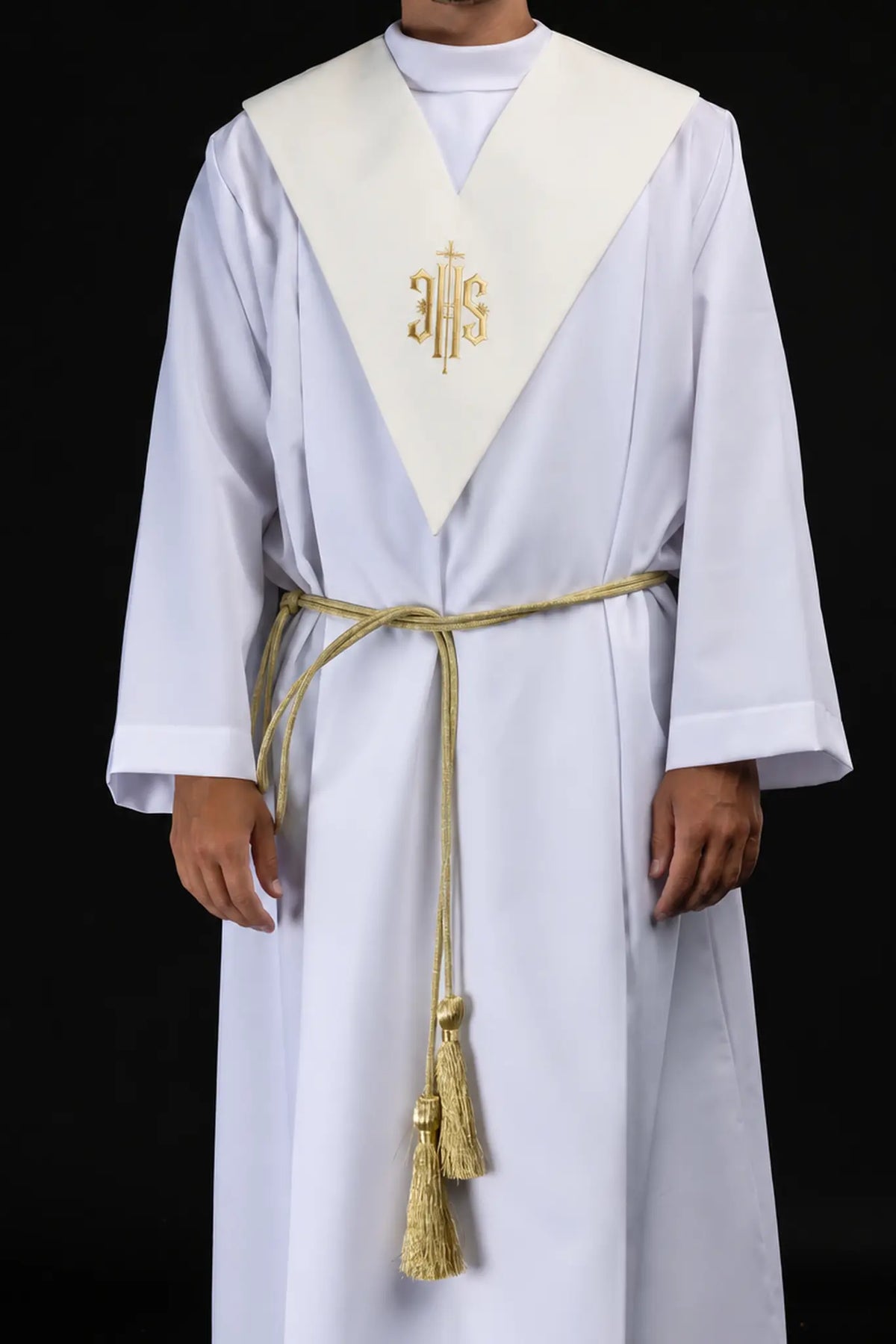 Ecru lector's scapular with IHS Christogram embroidery, front view