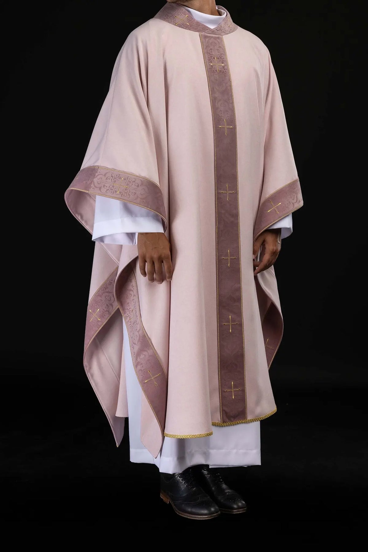 Rose Liturgical Chasuble for Gaudete and Laetare with Gold Crosses, front view
