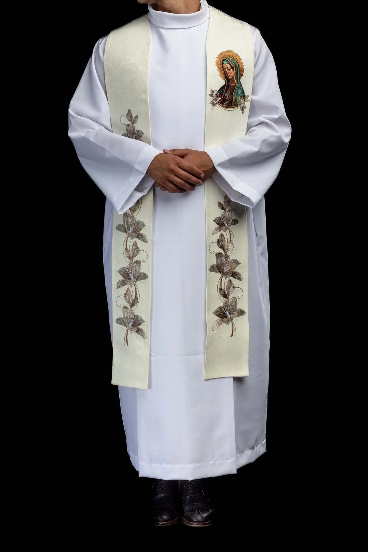 Ecru stole with Our Lady of Guadalupe and floral embroidery, full worn view