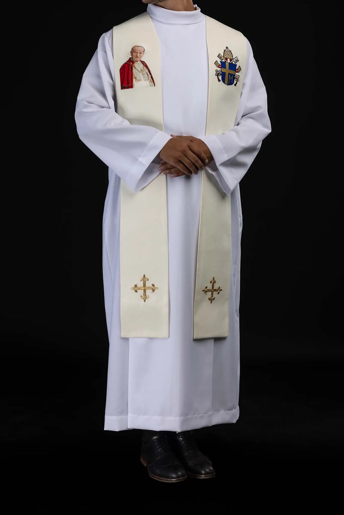 Ecru stole with John Paul II and papal coat of arms, full front view